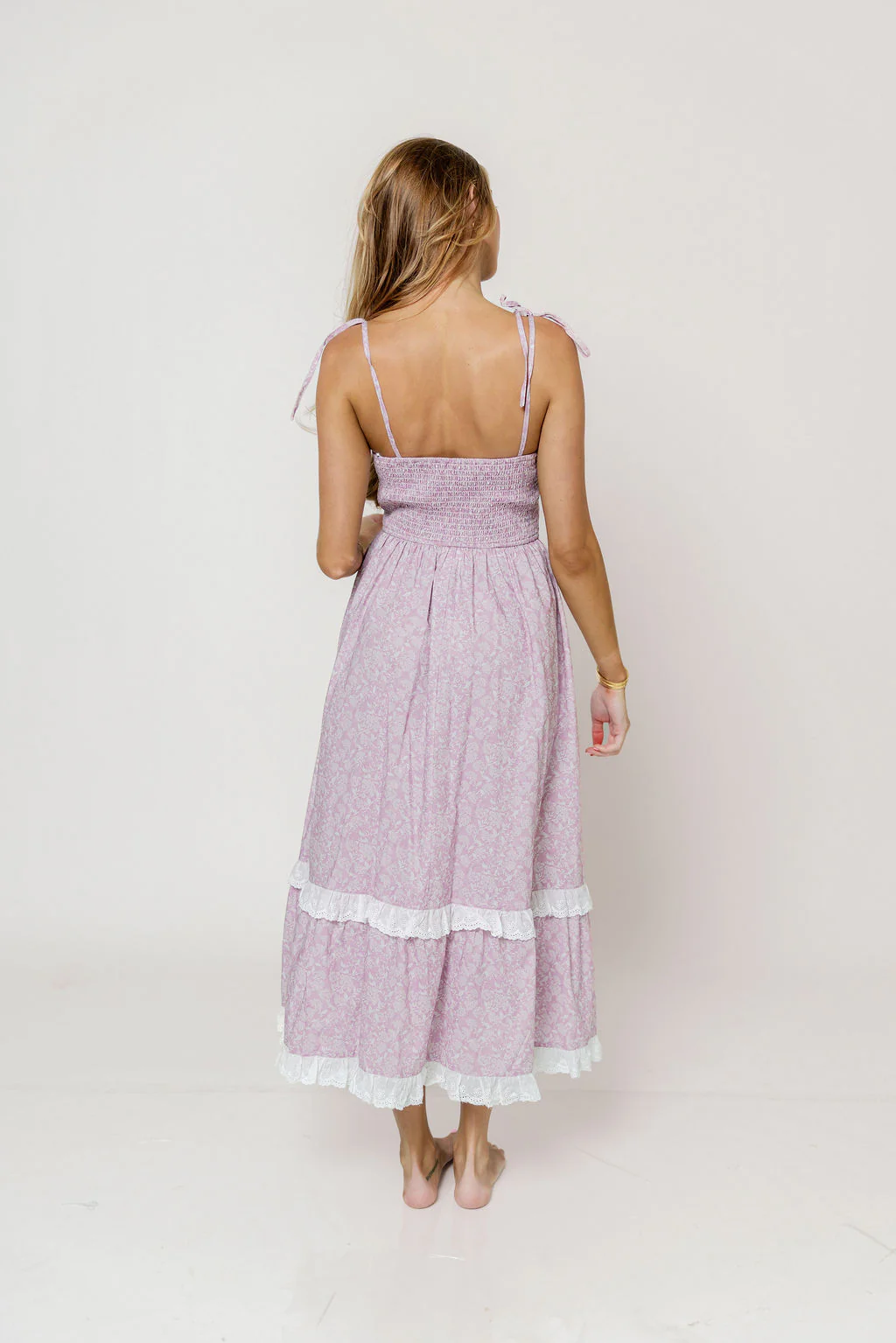 Felicia Lace Trim Floral Midi Dress in Pink - Image 6