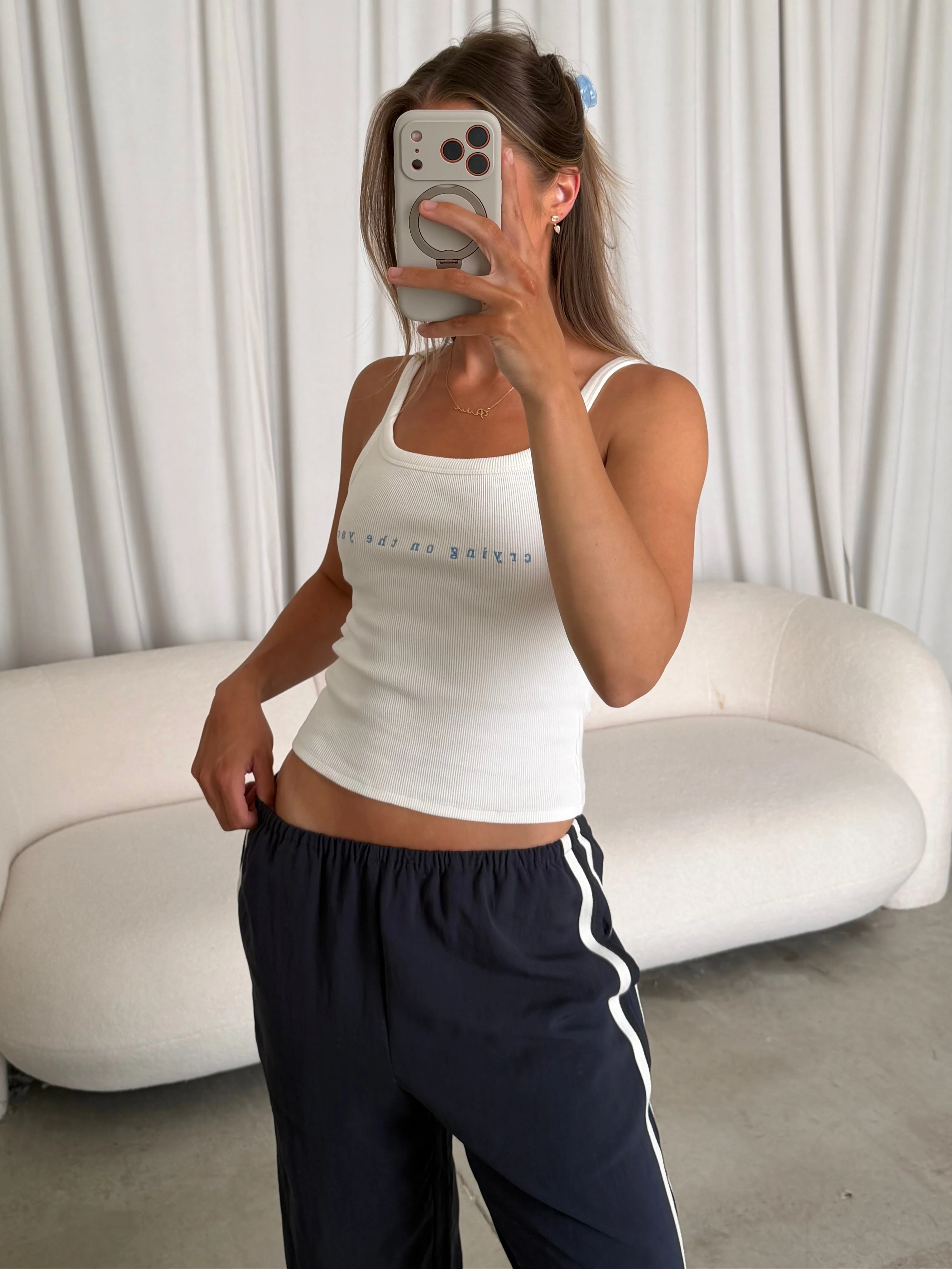 Finn "No Crying On The Yacht" Embroidered Tank Top in Off White - Image 2