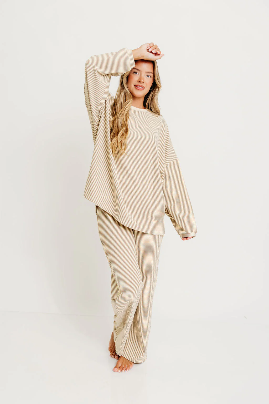 Naomi Striped Oversized Fleece Long Sleeve Top in Beige - Bump Friendly - Image 10