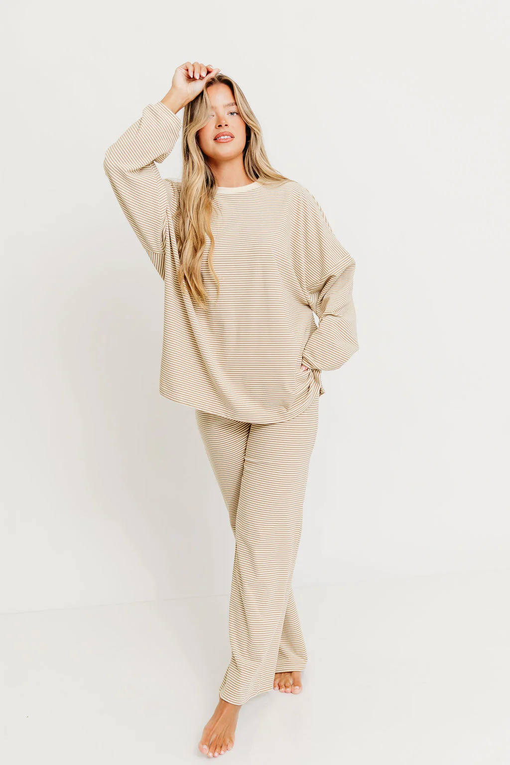 Naomi Striped Oversized Fleece Long Sleeve Top in Beige - Bump Friendly - Image 11