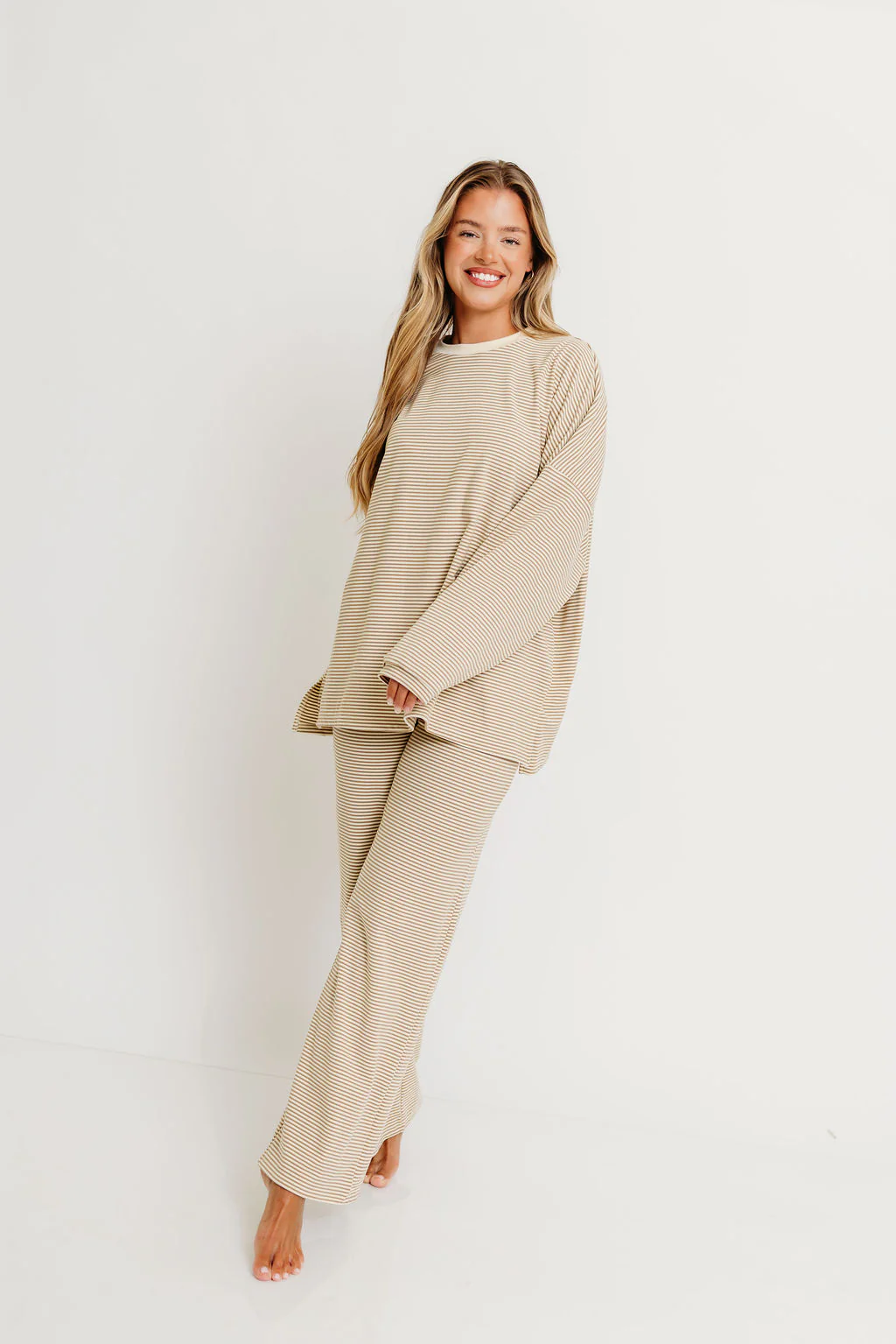 Naomi Striped Oversized Fleece Long Sleeve Top in Beige - Bump Friendly - Image 3