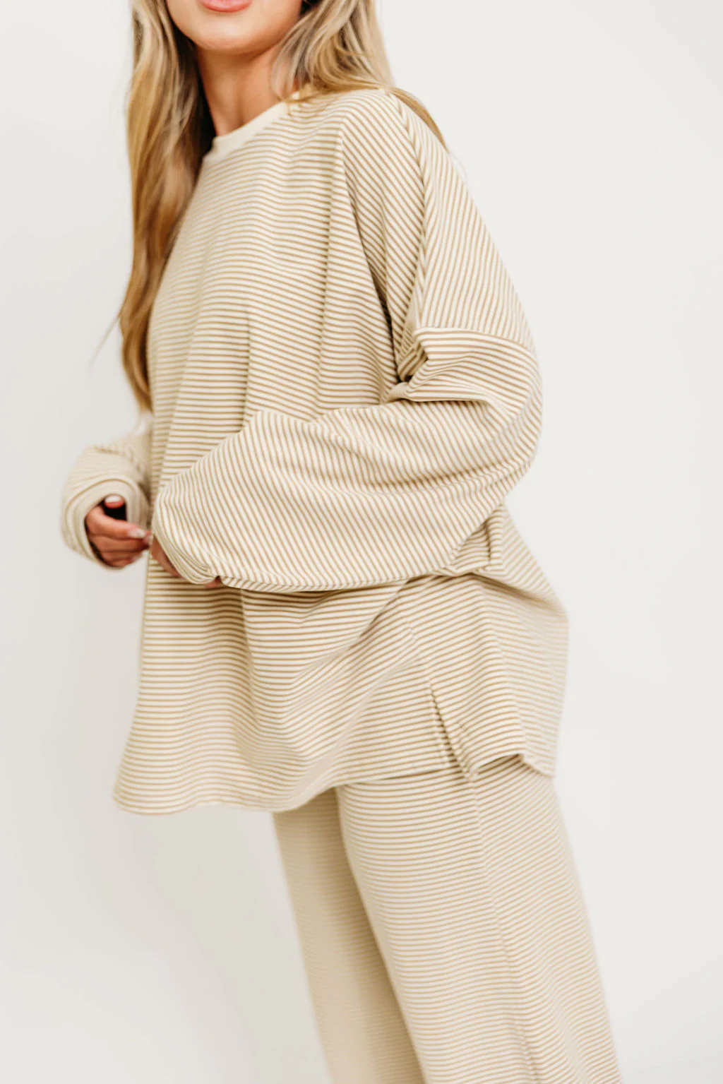 Naomi Striped Oversized Fleece Long Sleeve Top in Beige - Bump Friendly - Image 6