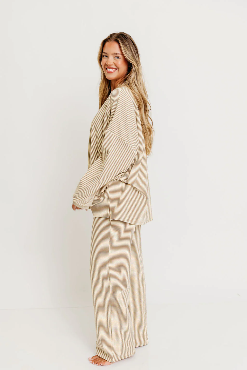 Naomi Striped Oversized Fleece Long Sleeve Top in Beige - Bump Friendly - Image 7