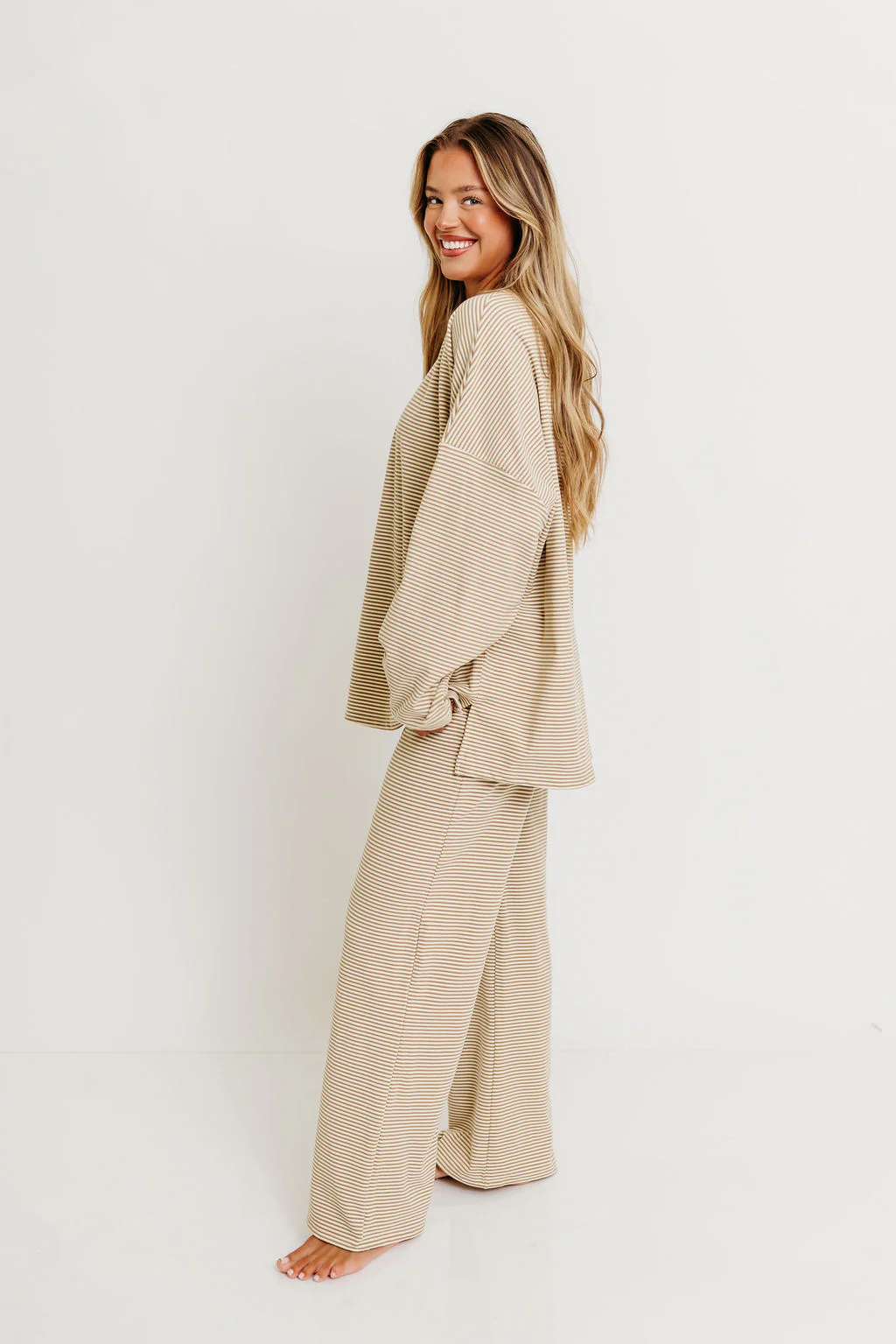 Naomi Striped Oversized Fleece Long Sleeve Top in Beige - Bump Friendly - Image 8
