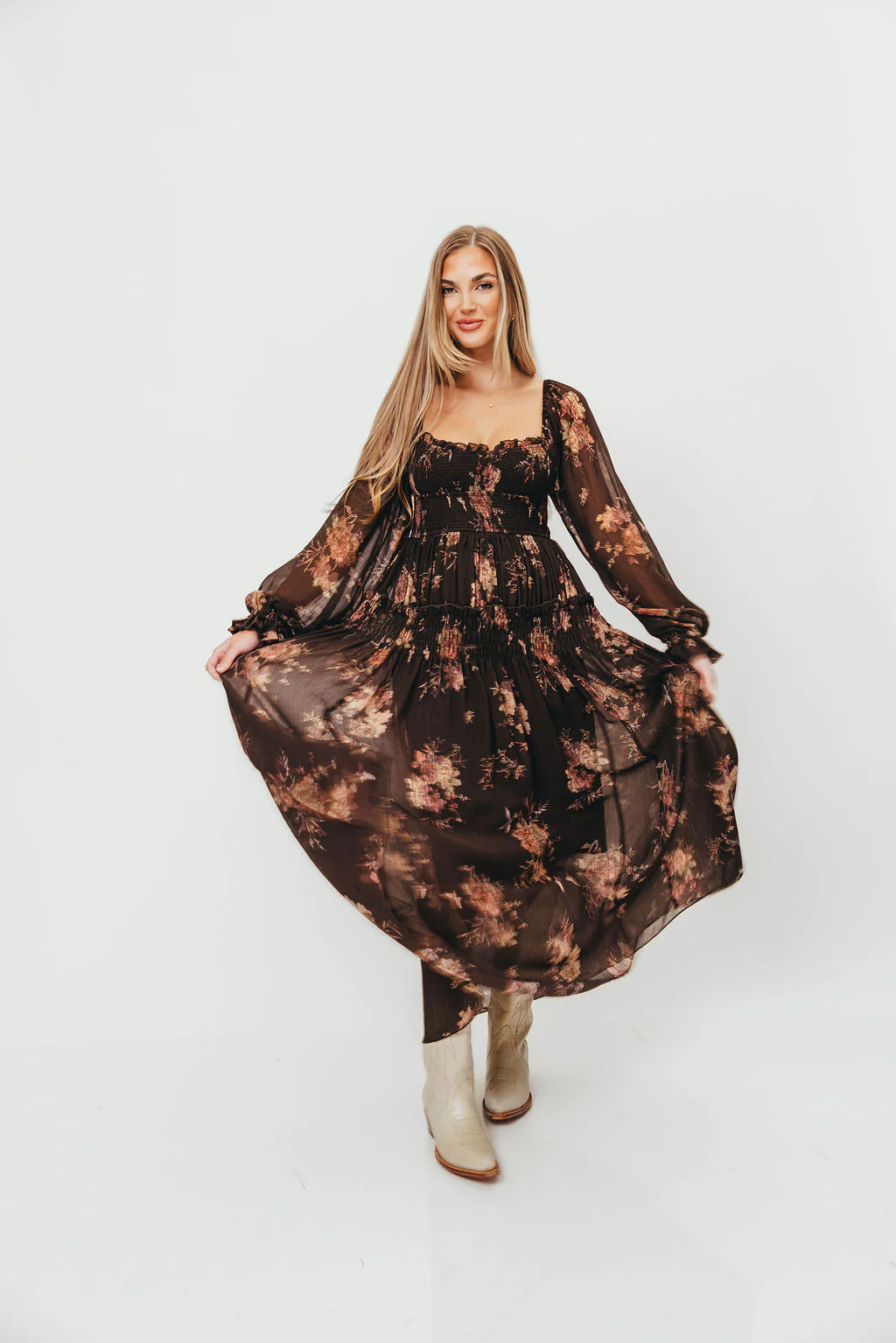 Camila Floral Chiffon Midi Dress in Espresso - Image 10