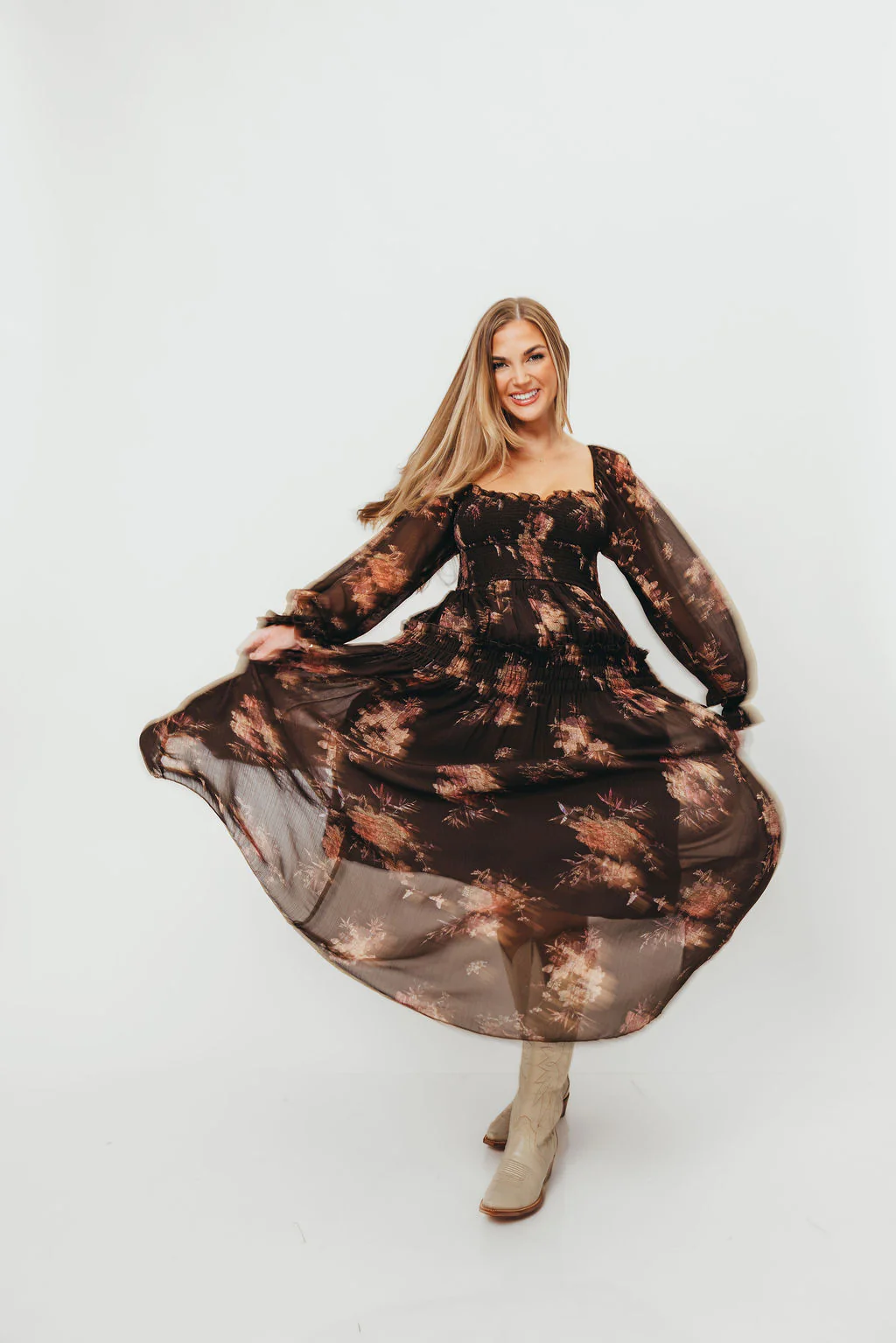 Camila Floral Chiffon Midi Dress in Espresso - Image 13