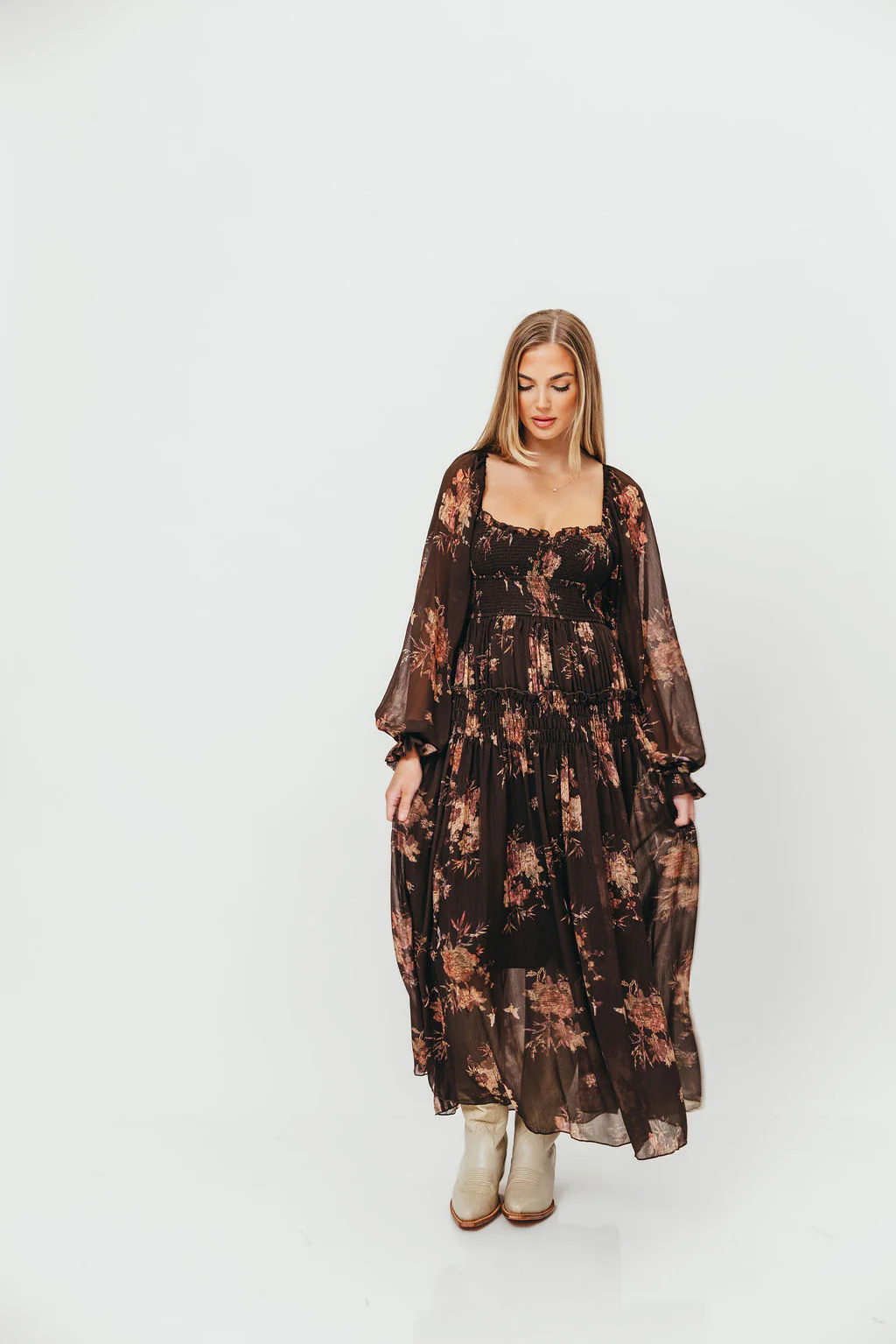 Camila Floral Chiffon Midi Dress in Espresso - Image 3