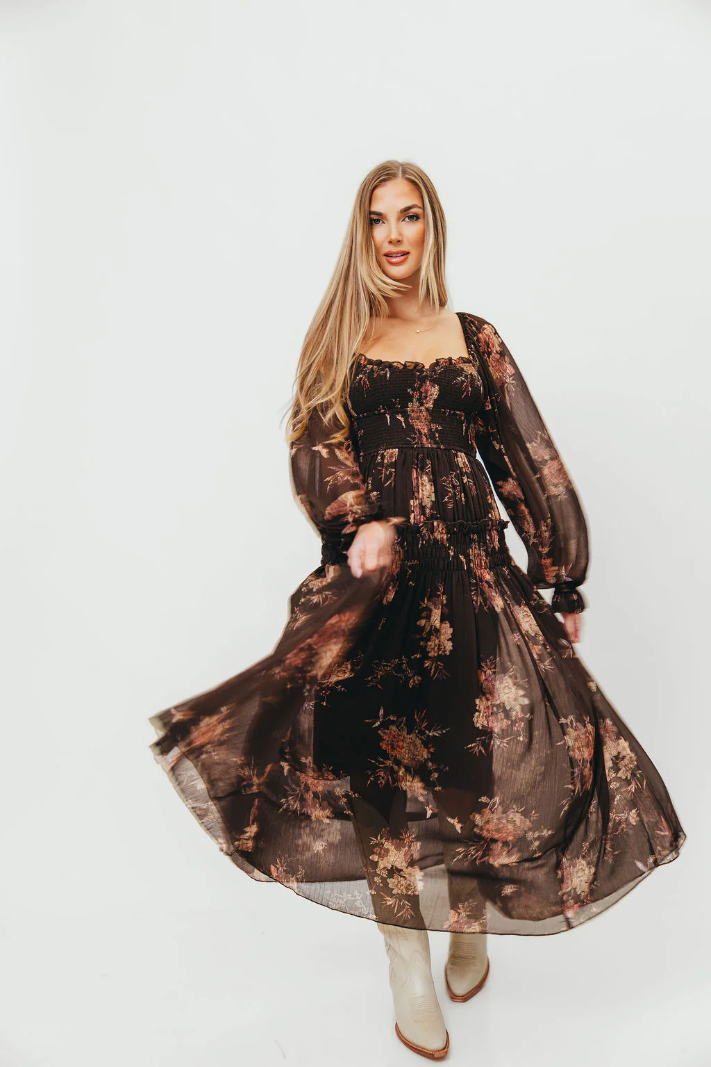 Camila Floral Chiffon Midi Dress in Espresso - Image 8