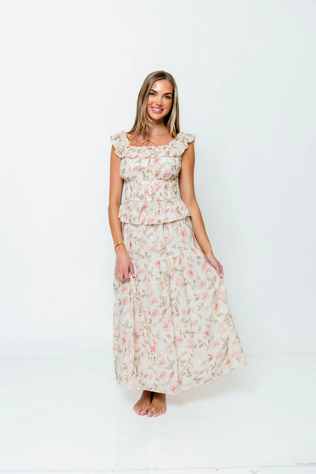 Sedona Floral Off Shoulder Top and Midi Skirt Set in Sand/Pink - Image 3