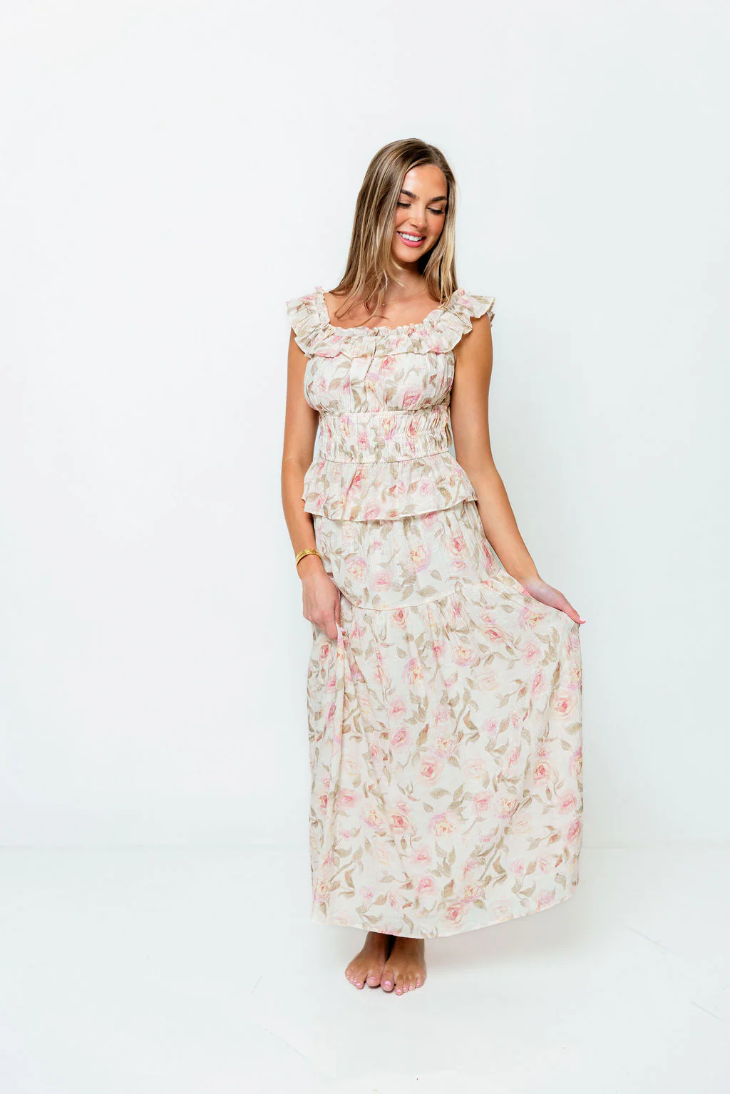 Sedona Floral Off Shoulder Top and Midi Skirt Set in Sand/Pink - Image 4