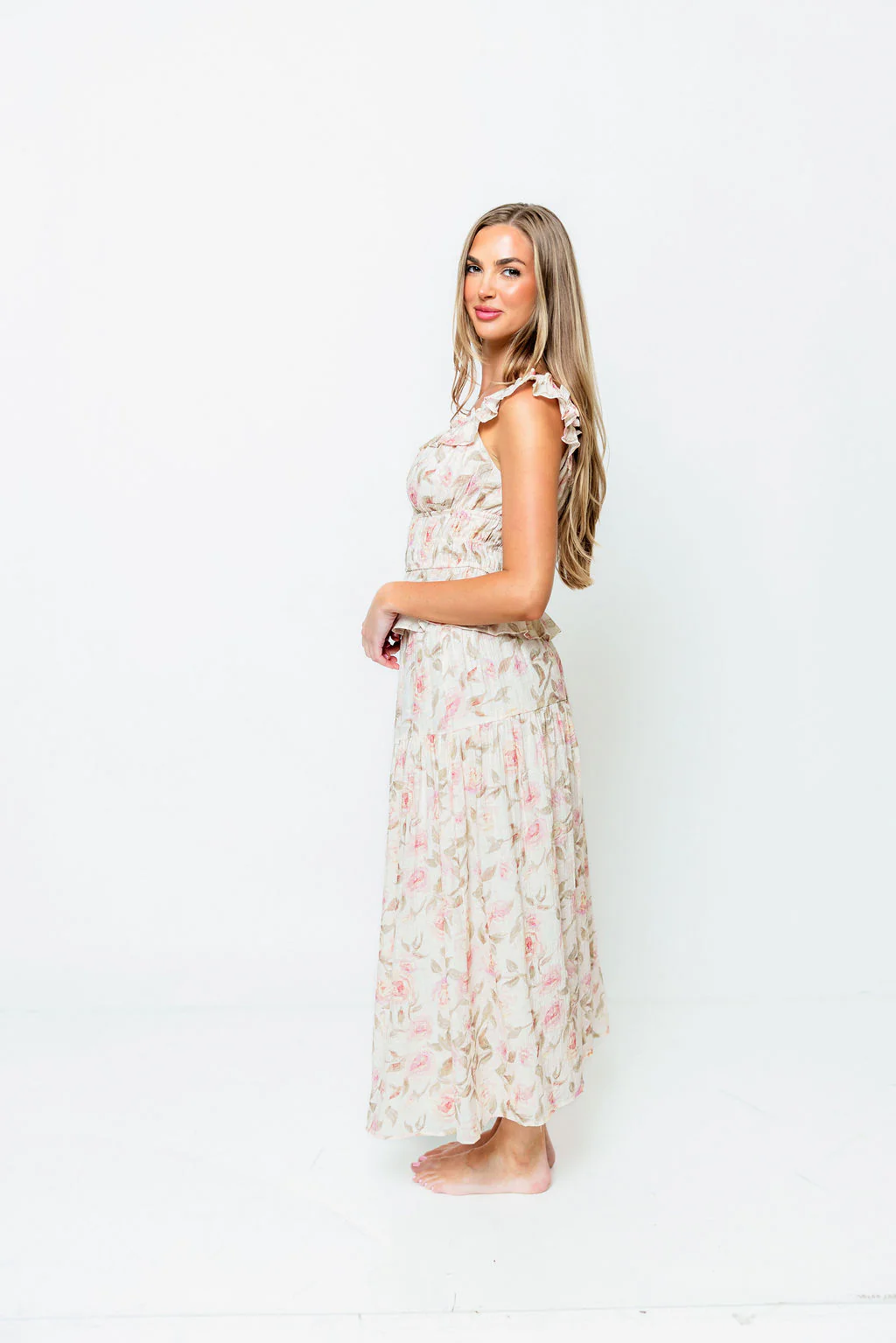 Sedona Floral Off Shoulder Top and Midi Skirt Set in Sand/Pink - Image 5