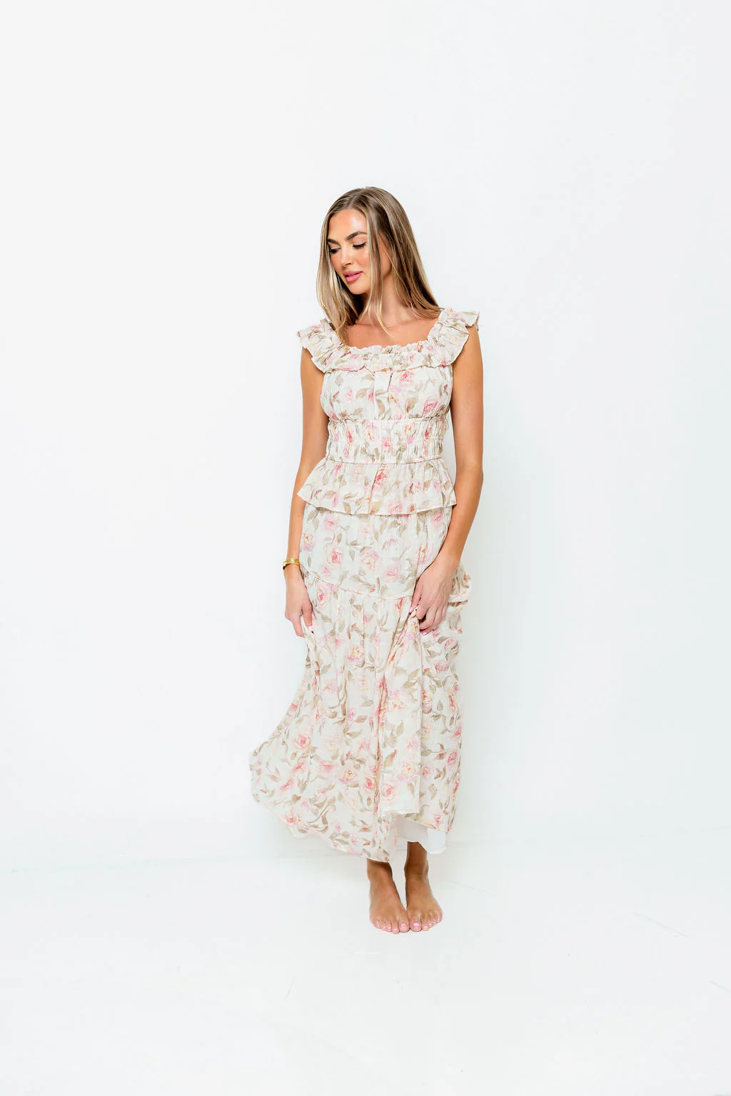 Sedona Floral Off Shoulder Top and Midi Skirt Set in Sand/Pink - Image 6