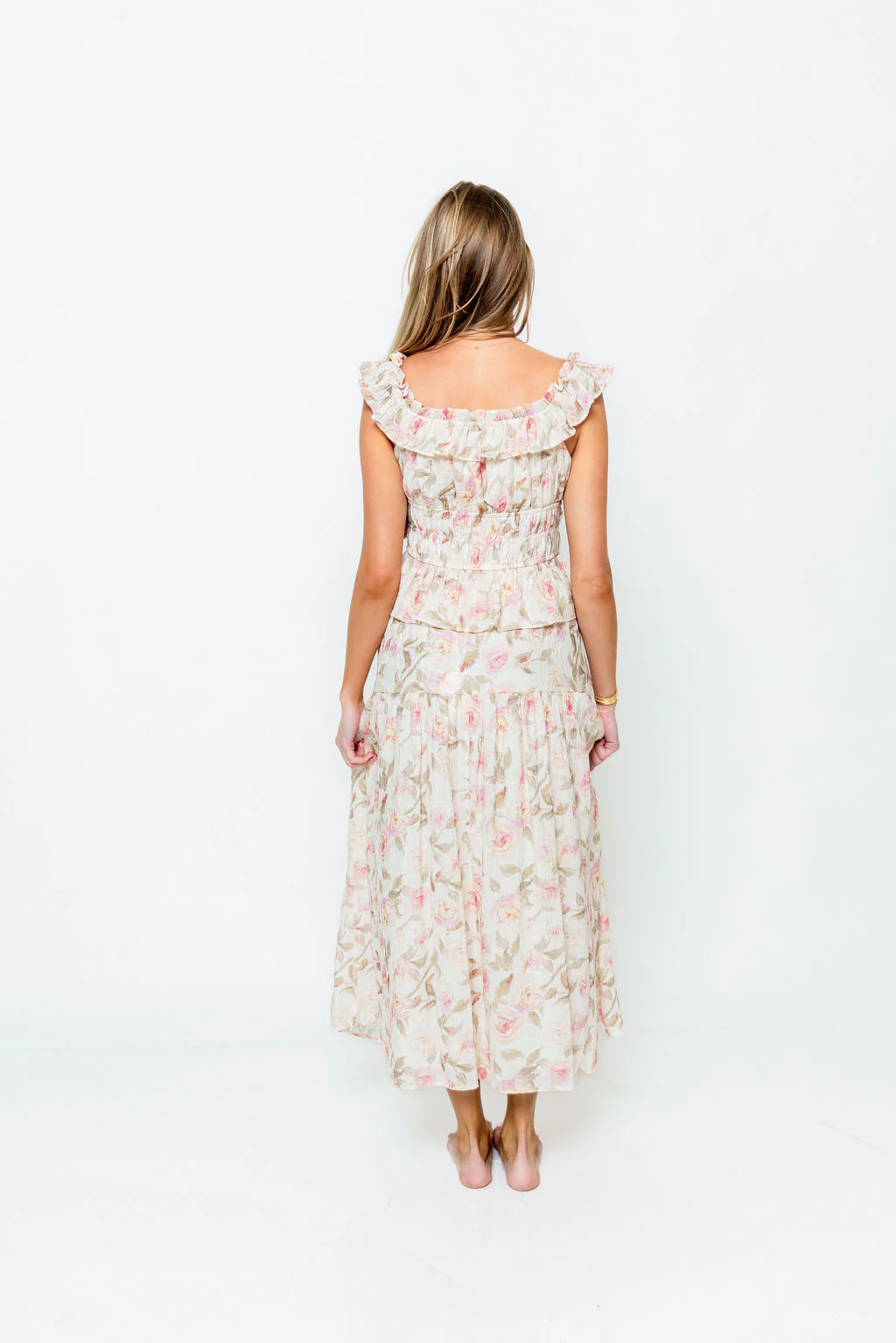 Sedona Floral Off Shoulder Top and Midi Skirt Set in Sand/Pink - Image 7