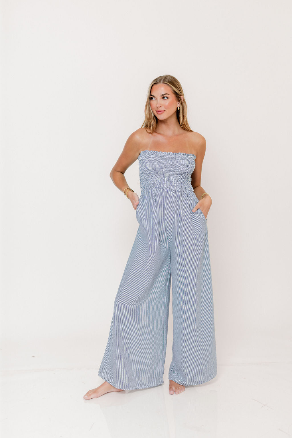 Garden Sun Smocked Jumpsuit in Blue - Image 6