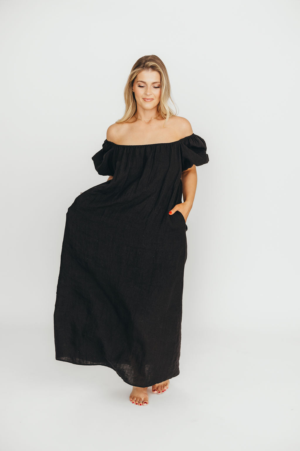 Genoa 100% Linen Maxi Dress in Black - Bump Friendly - Image 14