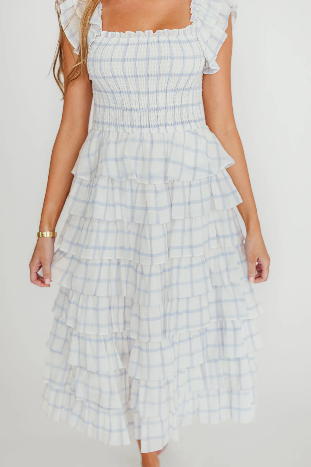 Adelynn Ruffle Midi Dress in White/Blue - Image 6