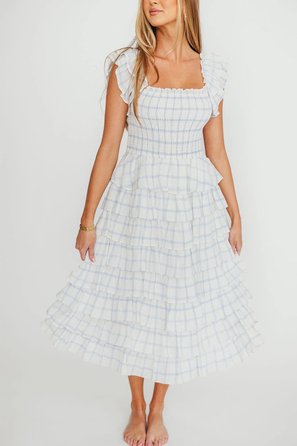 Adelynn Ruffle Midi Dress in White/Blue - Image 8