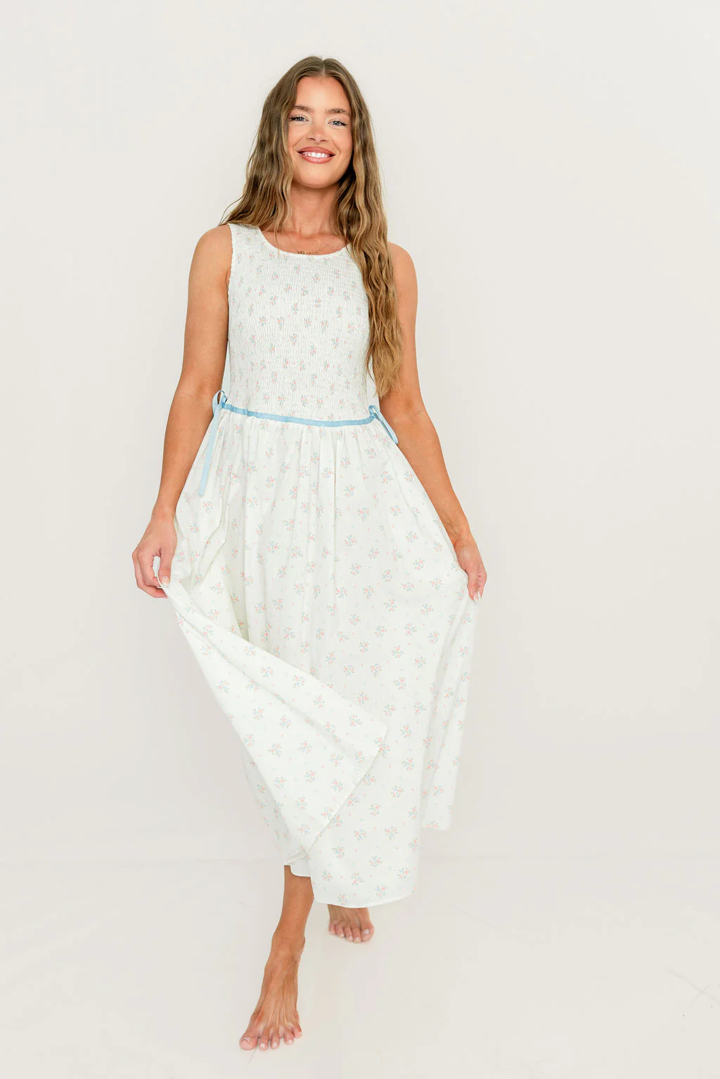 Giselle 100% Cotton Midi Dress in Cream/Blue - Image 2