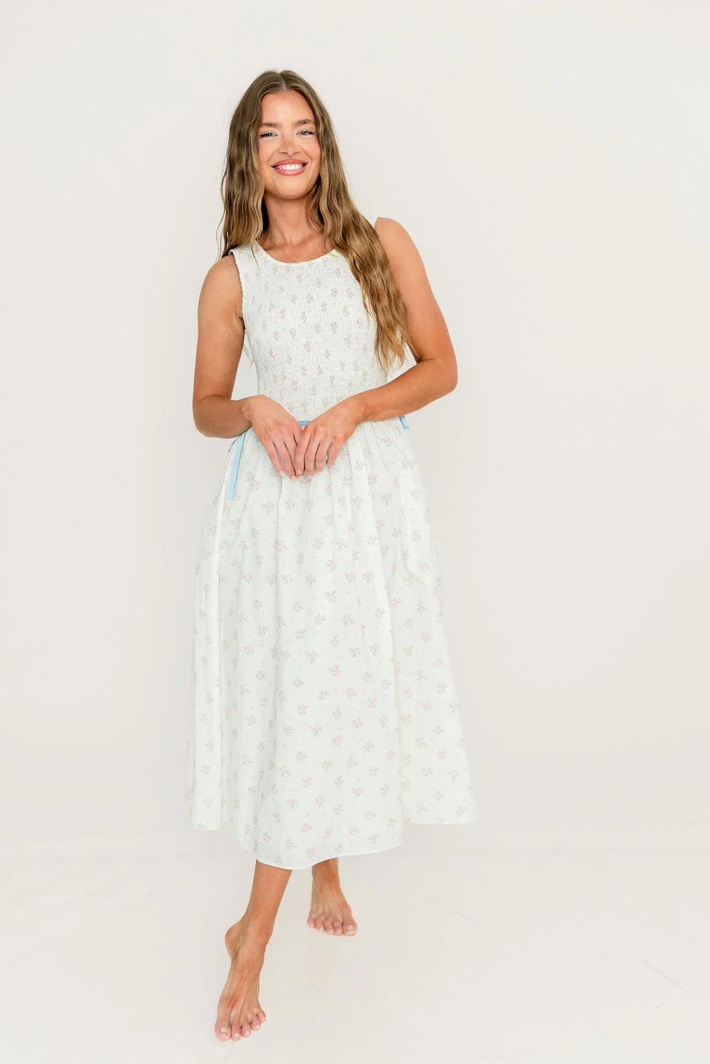 Giselle 100% Cotton Midi Dress in Cream/Blue - Image 5