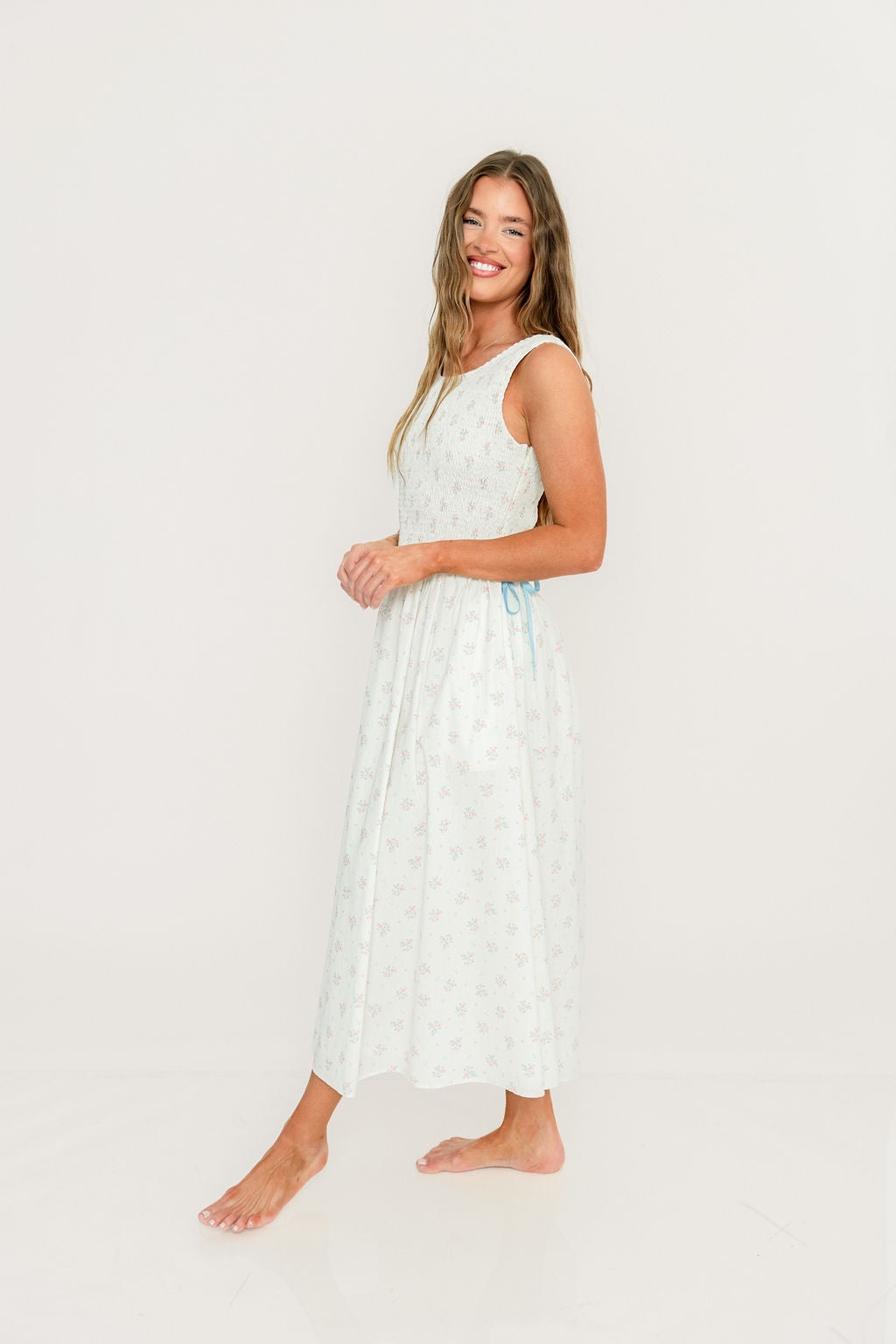 Giselle 100% Cotton Midi Dress in Cream/Blue - Image 7