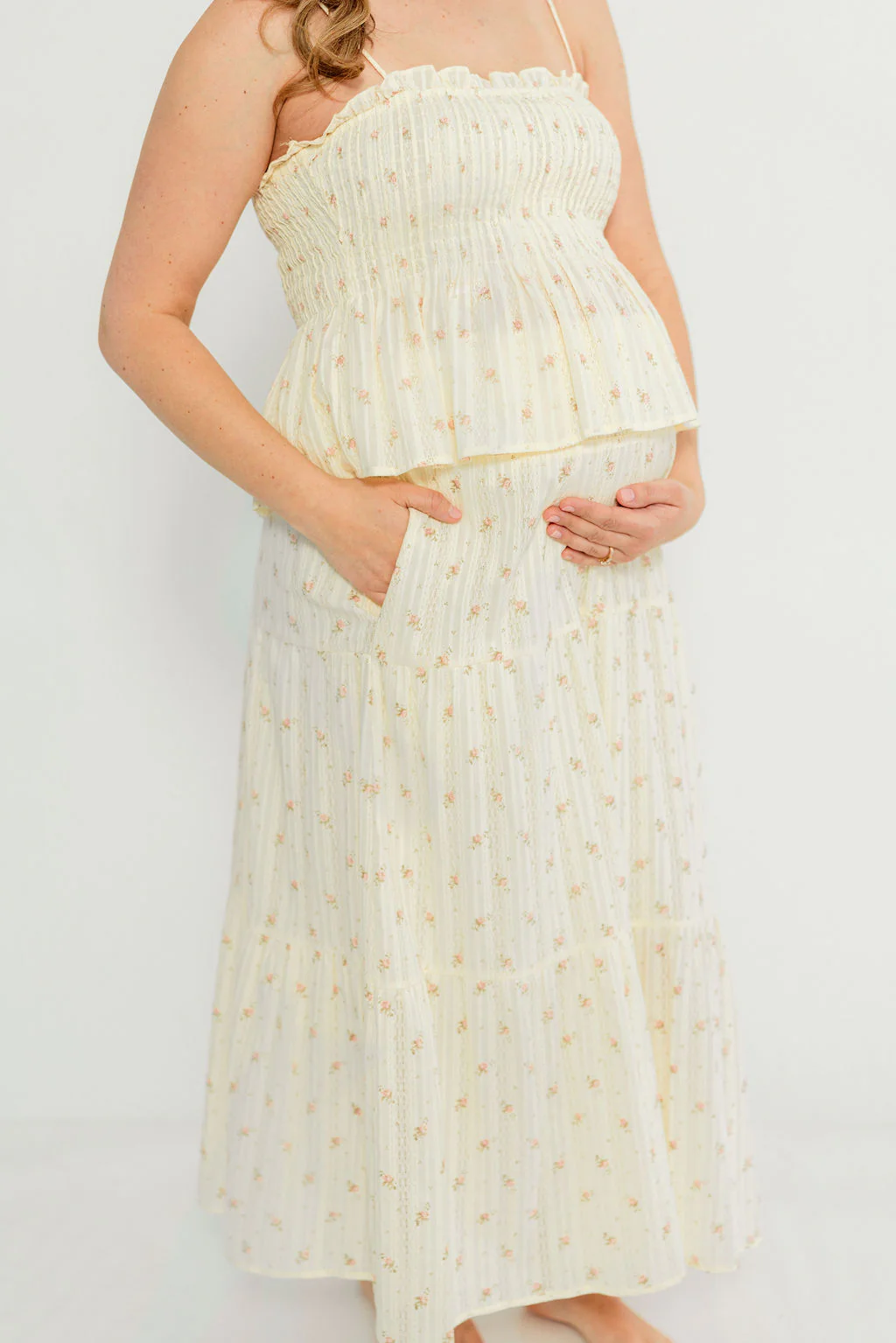 Gracie 100% Cotton Tiered Floral Midi Skirt in Butter Yellow - Image 15