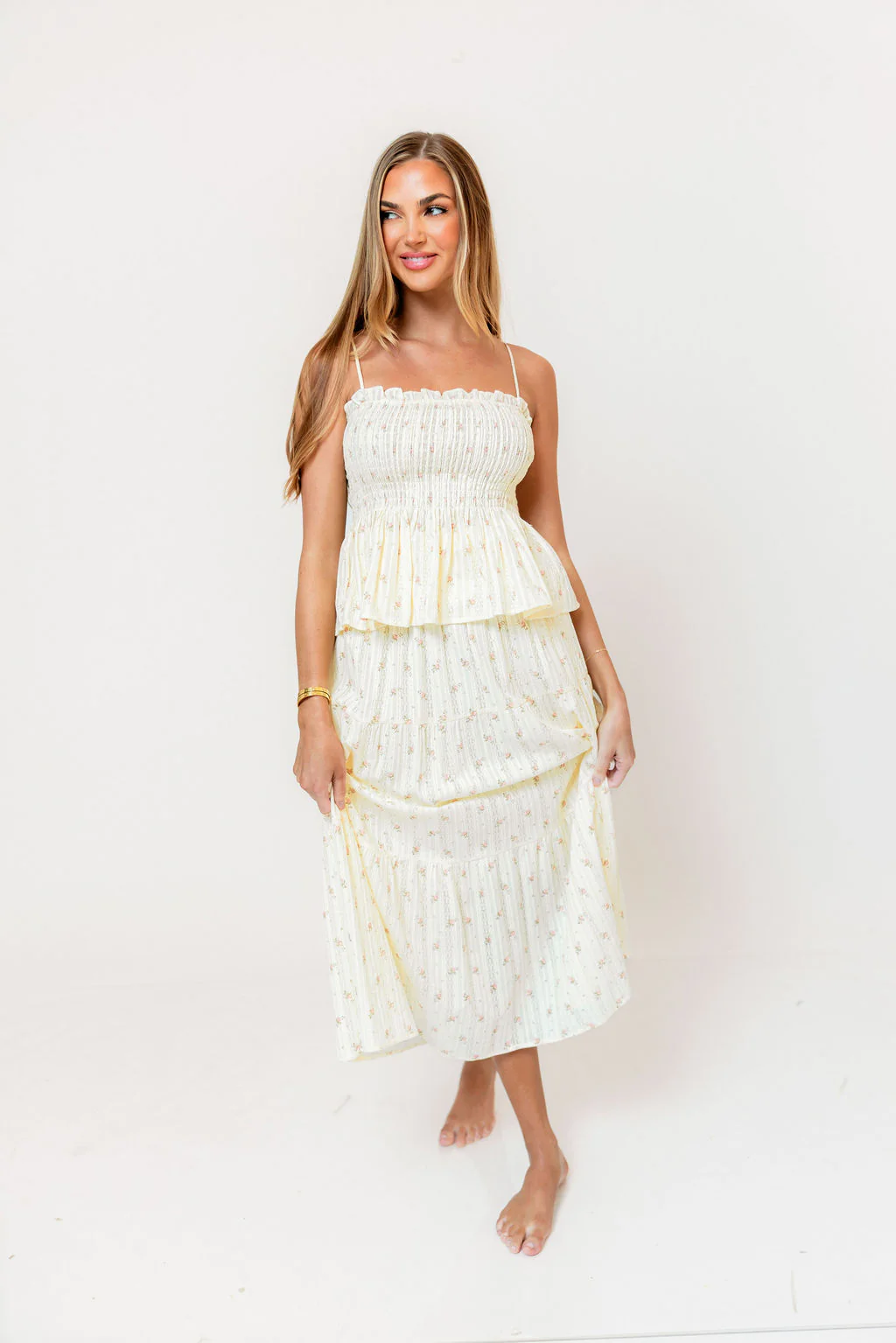 Gracie 100% Cotton Tiered Floral Midi Skirt in Butter Yellow - Image 5