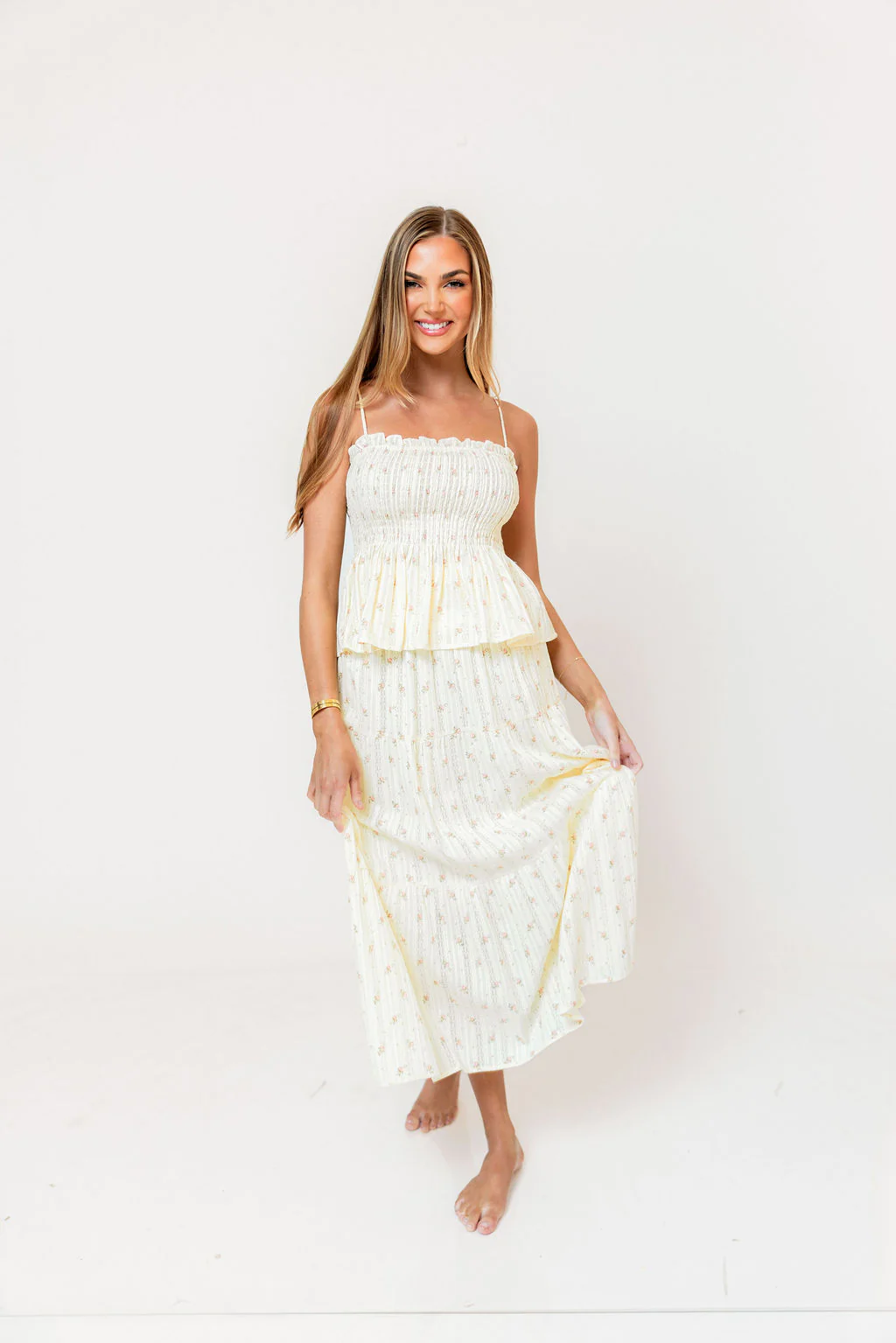 Gracie 100% Cotton Tiered Floral Midi Skirt in Butter Yellow - Image 6