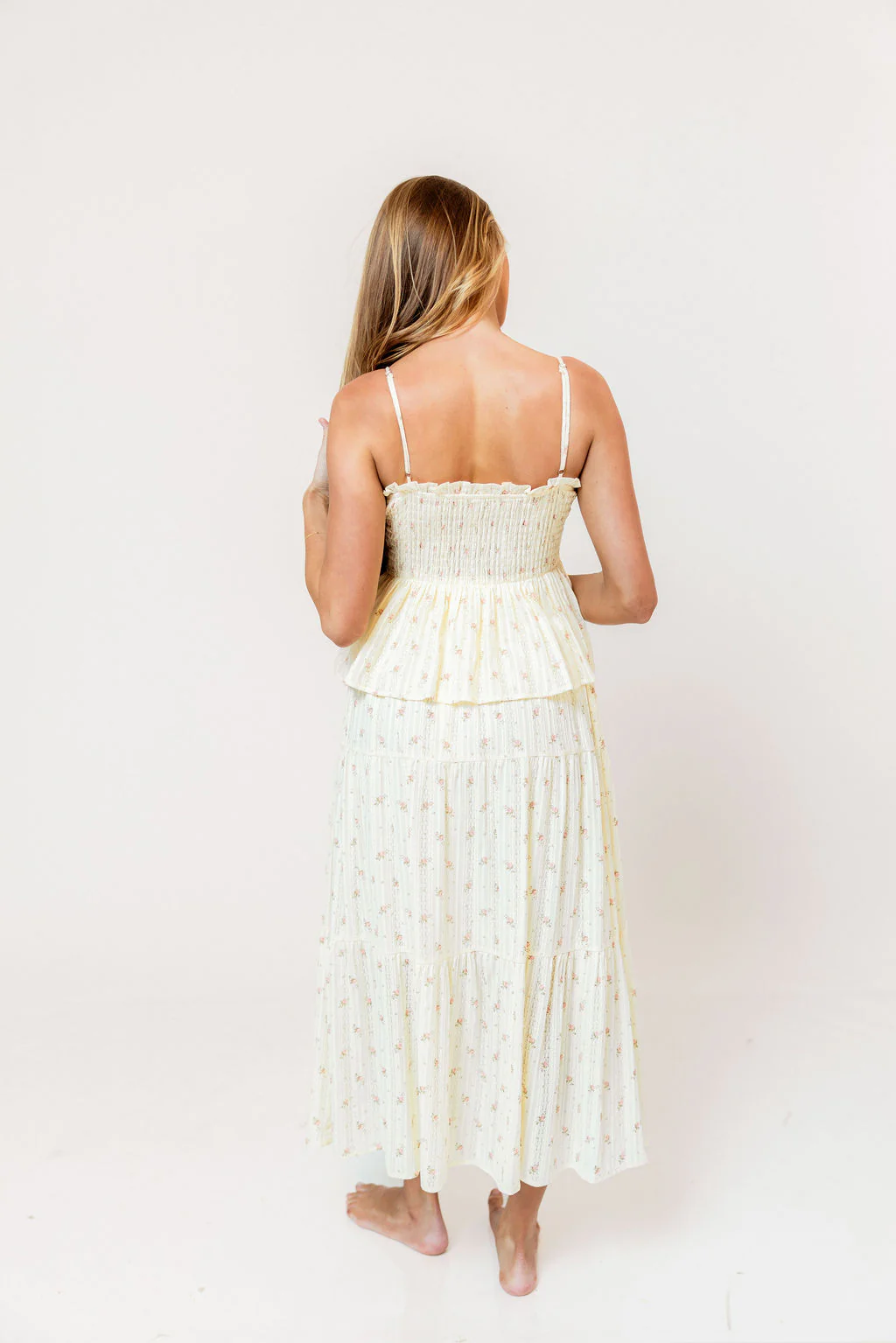 Gracie 100% Cotton Tiered Floral Midi Skirt in Butter Yellow - Image 9
