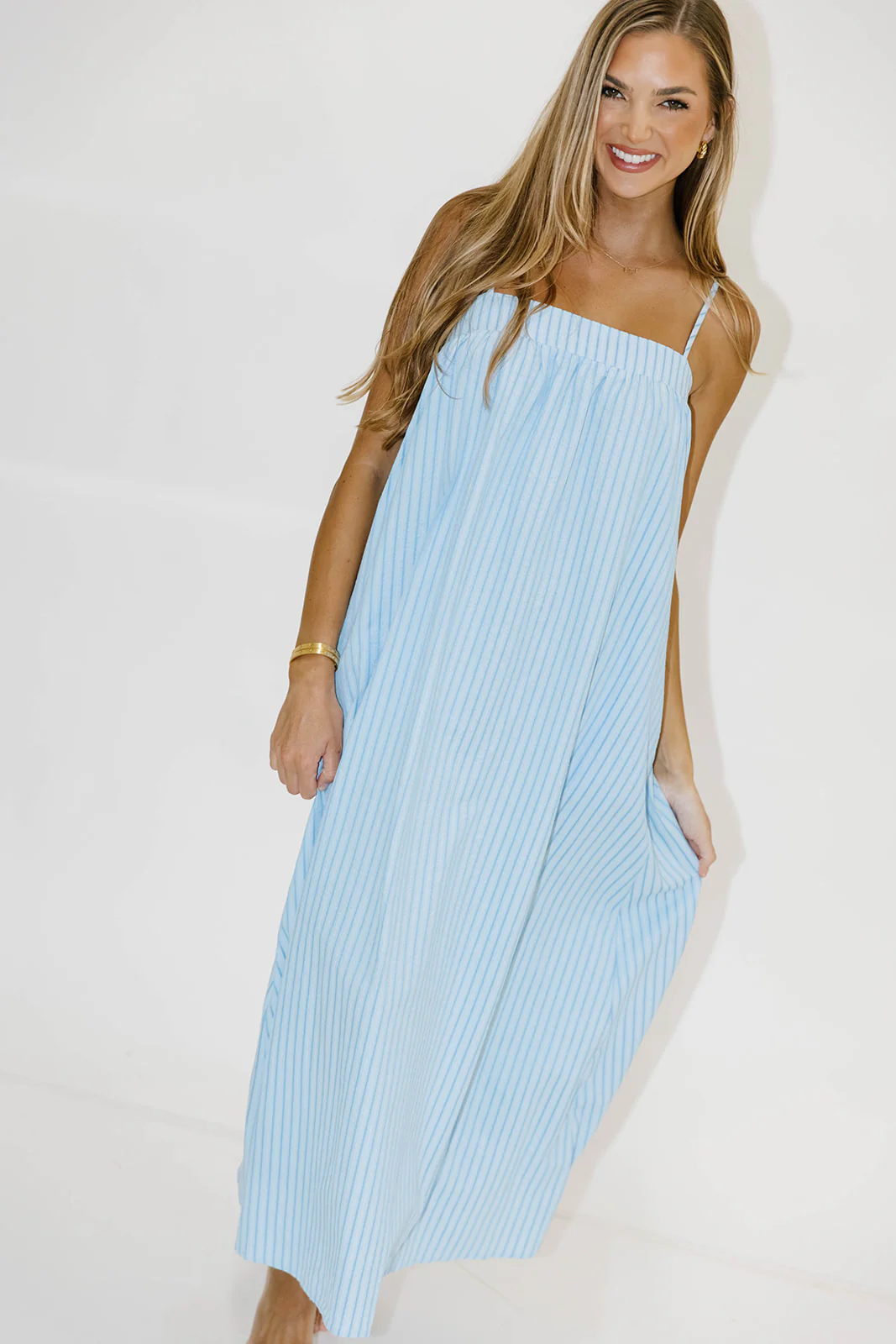 Grier Striped Maxi Dress with Back Tie Detail in Blue
