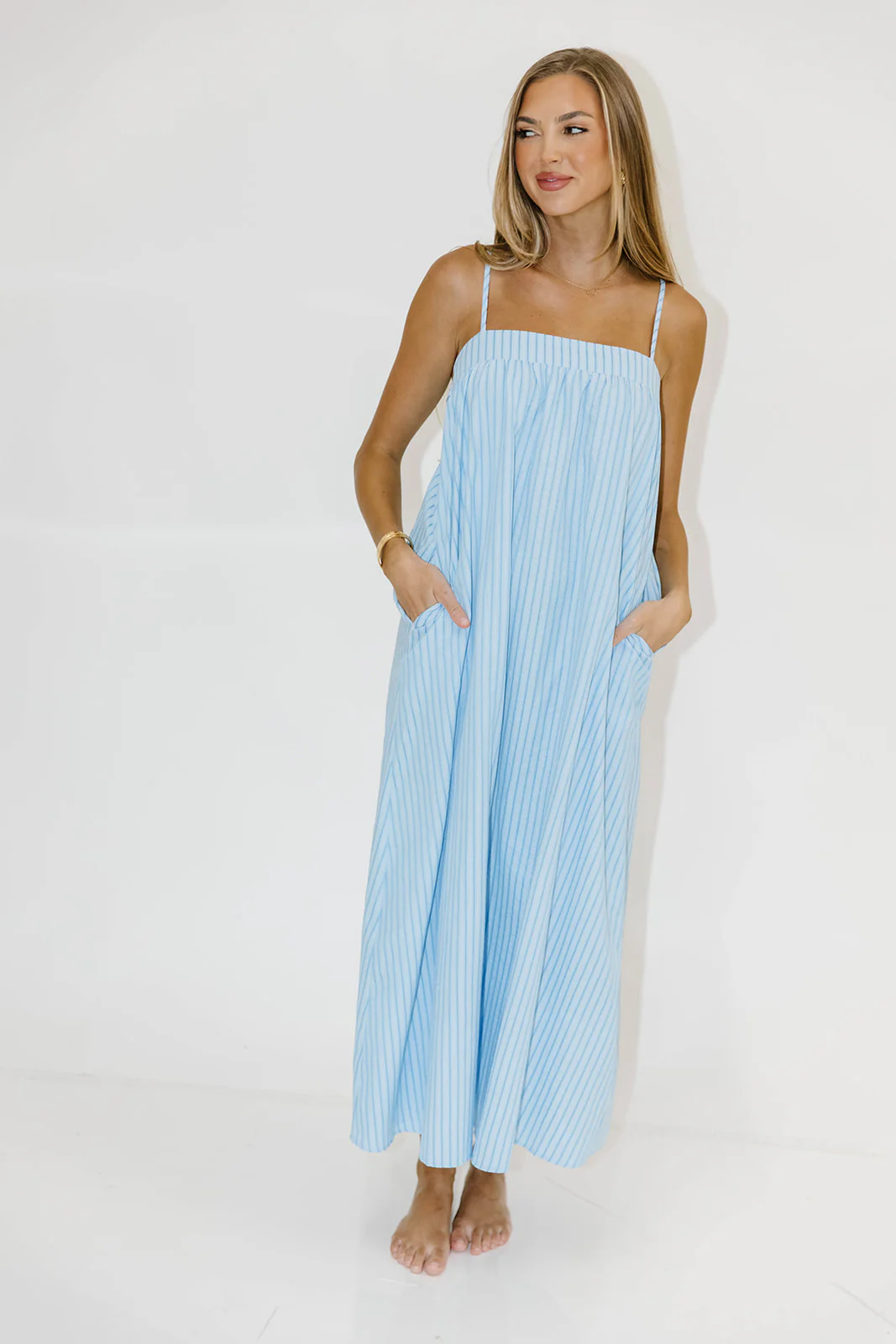 Grier Striped Maxi Dress with Back Tie Detail in Blue - Image 3
