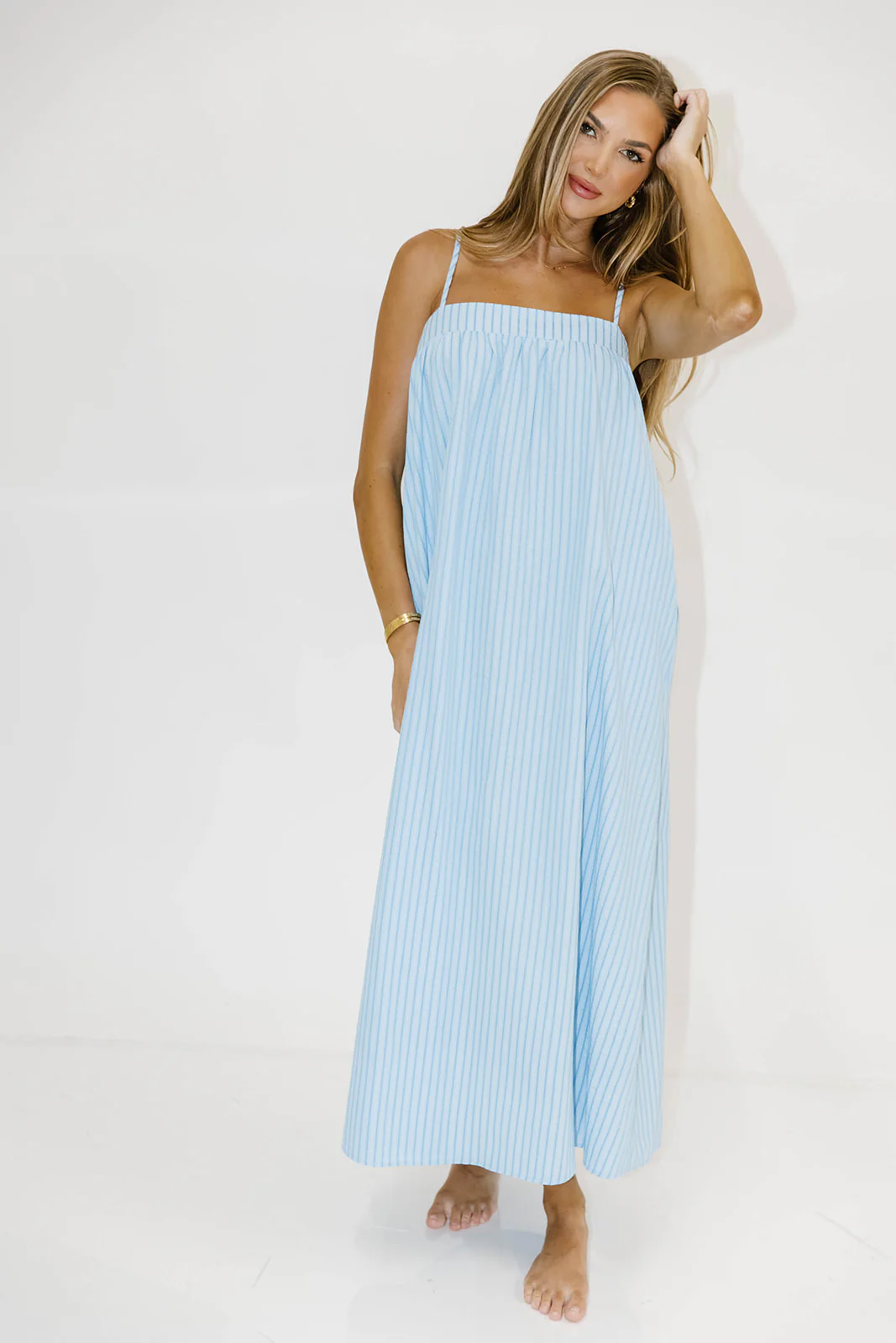 Grier Striped Maxi Dress with Back Tie Detail in Blue - Image 5