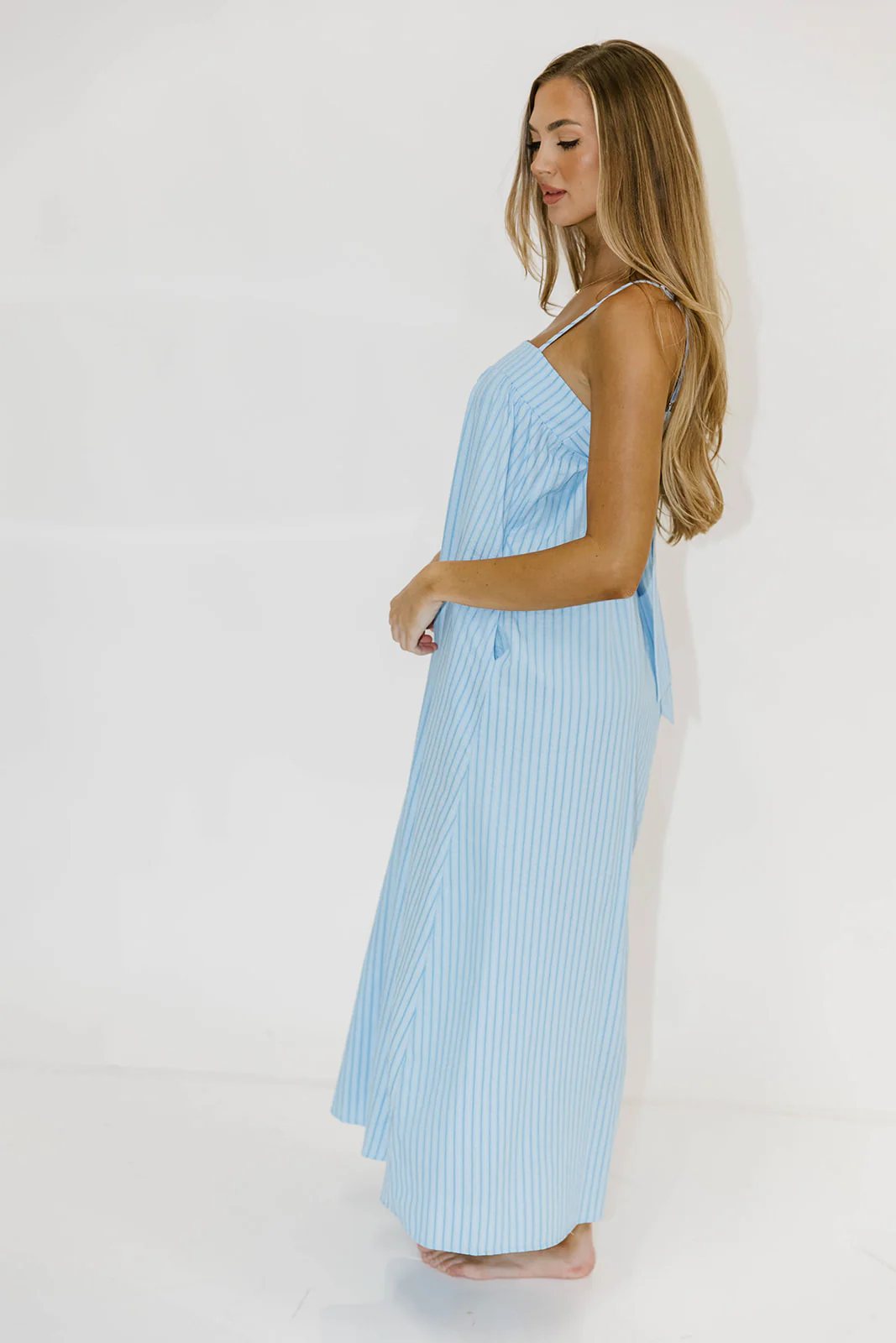 Grier Striped Maxi Dress with Back Tie Detail in Blue - Image 6