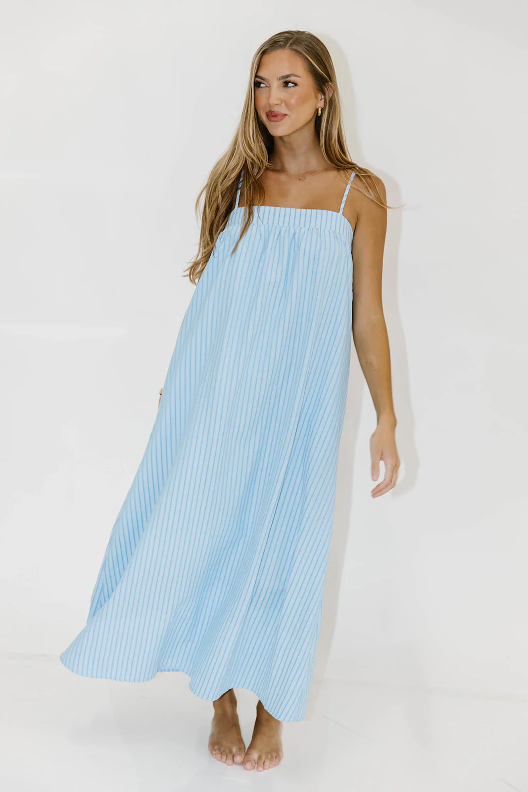 Grier Striped Maxi Dress with Back Tie Detail in Blue - Image 8