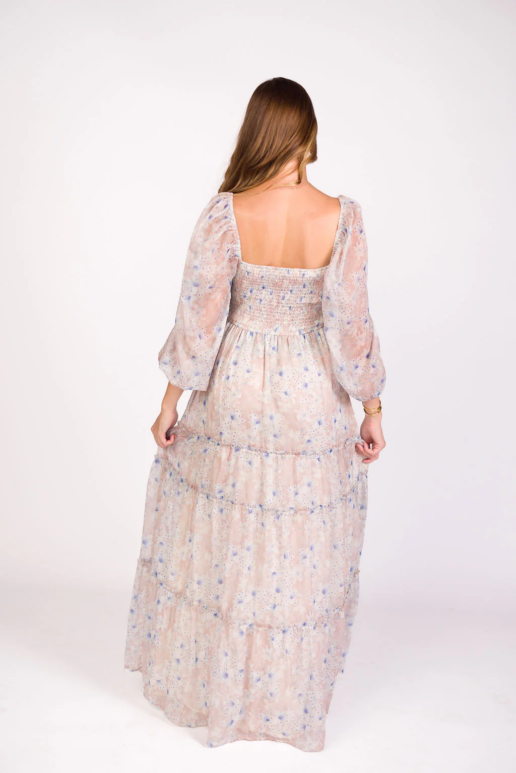 Daphne Long Sleeve Maxi Dress in Beige/Blue Floral - Bump Friendly & Inclusive Sizing (XS-3XL) - Image 11