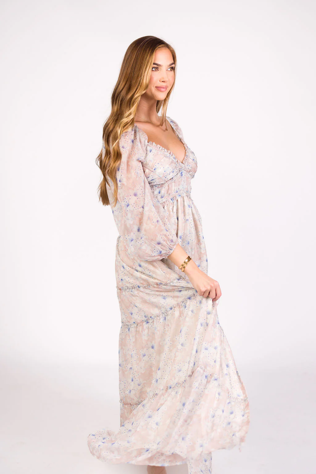 Daphne Long Sleeve Maxi Dress in Beige/Blue Floral - Bump Friendly & Inclusive Sizing (XS-3XL) - Image 12