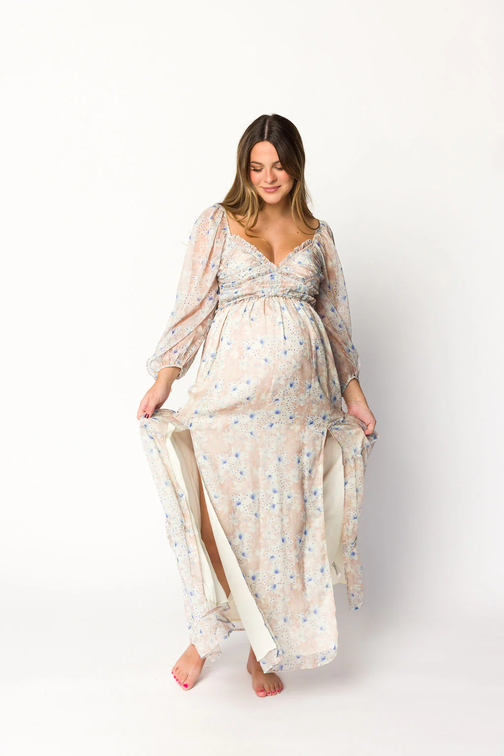Daphne Long Sleeve Maxi Dress in Beige/Blue Floral - Bump Friendly & Inclusive Sizing (XS-3XL) - Image 15