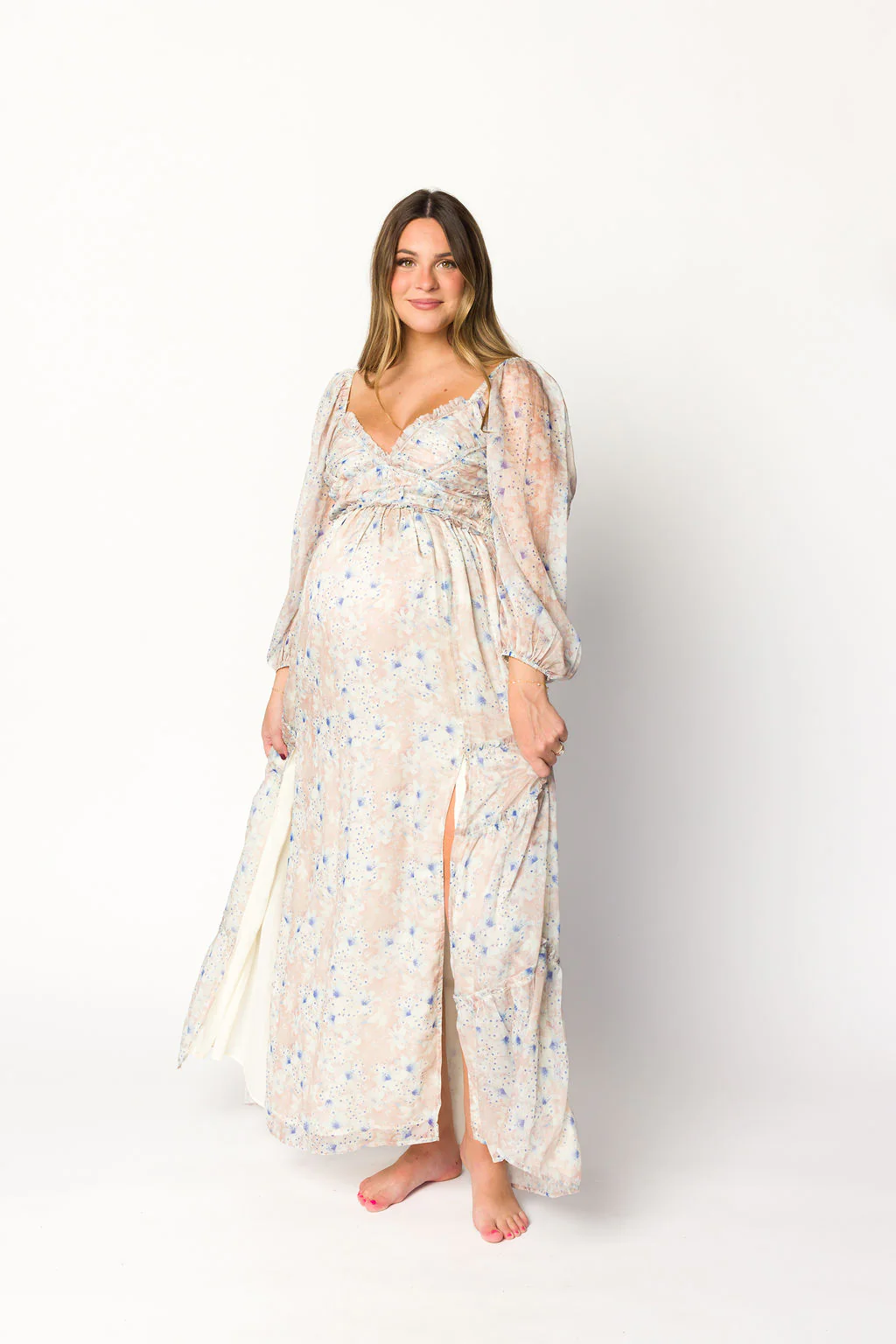 Daphne Long Sleeve Maxi Dress in Beige/Blue Floral - Bump Friendly & Inclusive Sizing (XS-3XL) - Image 16