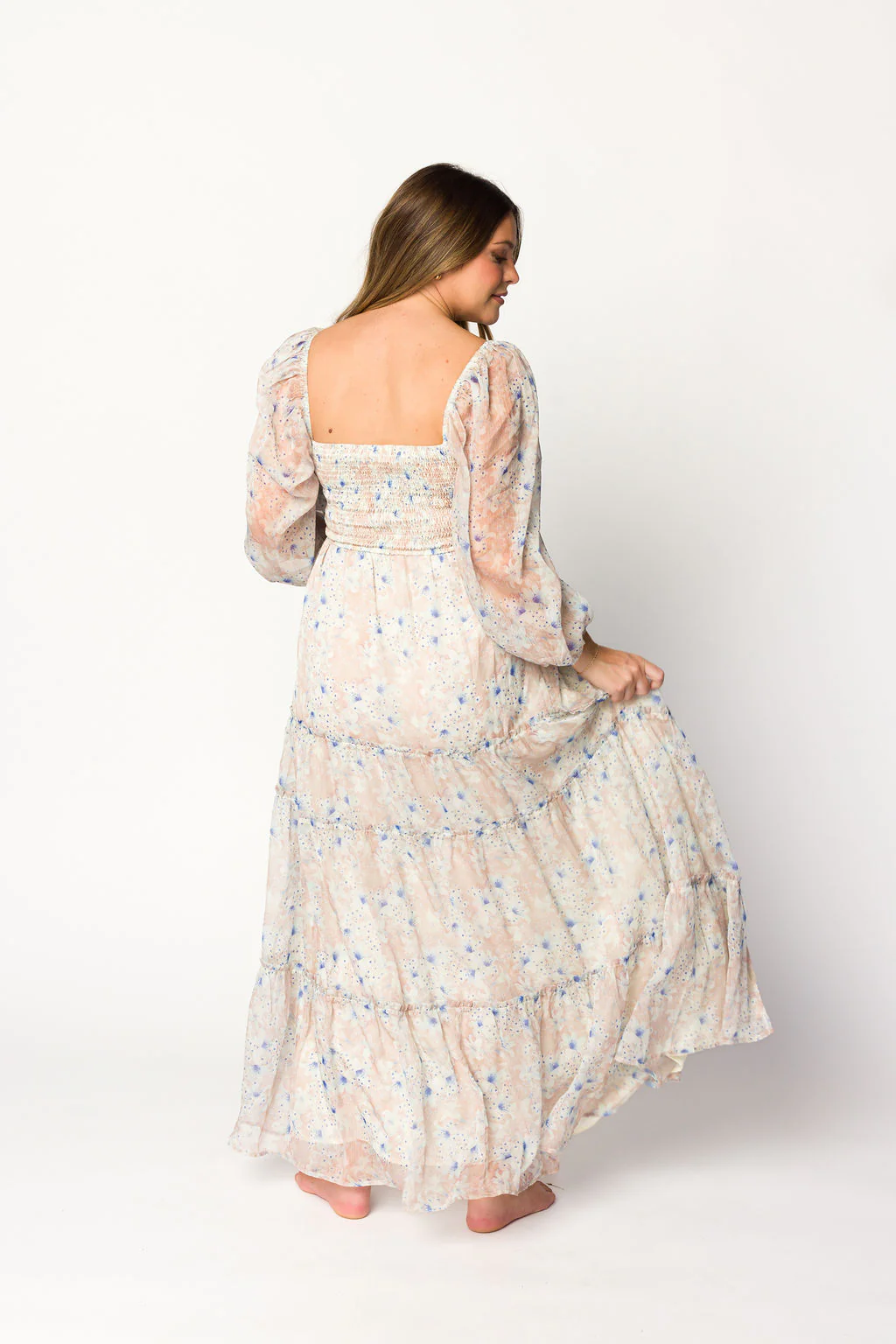 Daphne Long Sleeve Maxi Dress in Beige/Blue Floral - Bump Friendly & Inclusive Sizing (XS-3XL) - Image 17