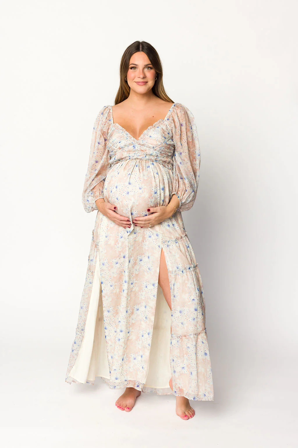 Daphne Long Sleeve Maxi Dress in Beige/Blue Floral - Bump Friendly & Inclusive Sizing (XS-3XL) - Image 18