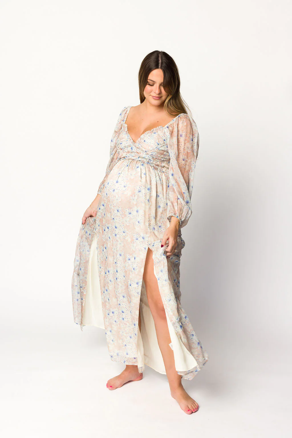 Daphne Long Sleeve Maxi Dress in Beige/Blue Floral - Bump Friendly & Inclusive Sizing (XS-3XL) - Image 19