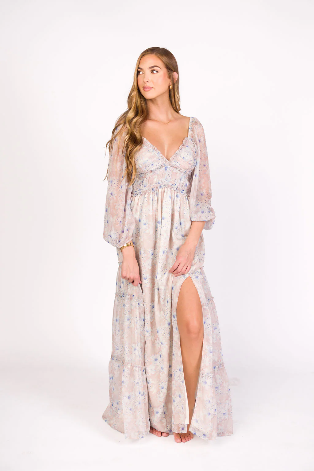 Daphne Long Sleeve Maxi Dress in Beige/Blue Floral - Bump Friendly & Inclusive Sizing (XS-3XL) - Image 2