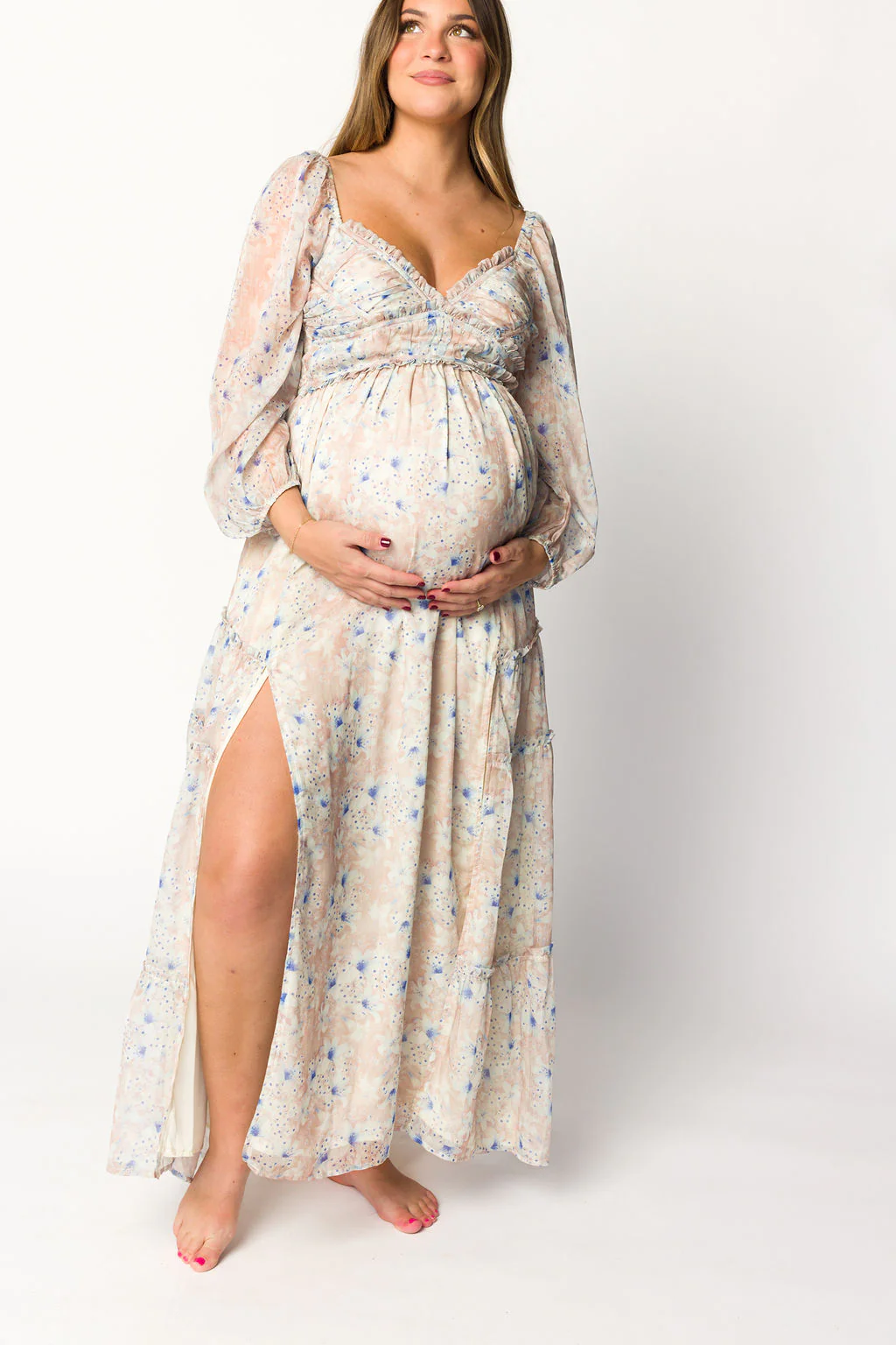 Daphne Long Sleeve Maxi Dress in Beige/Blue Floral - Bump Friendly & Inclusive Sizing (XS-3XL) - Image 20
