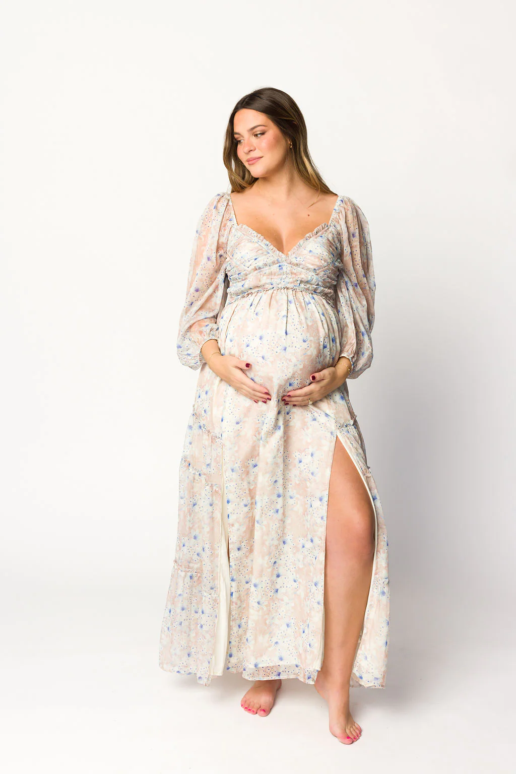 Daphne Long Sleeve Maxi Dress in Beige/Blue Floral - Bump Friendly & Inclusive Sizing (XS-3XL) - Image 21