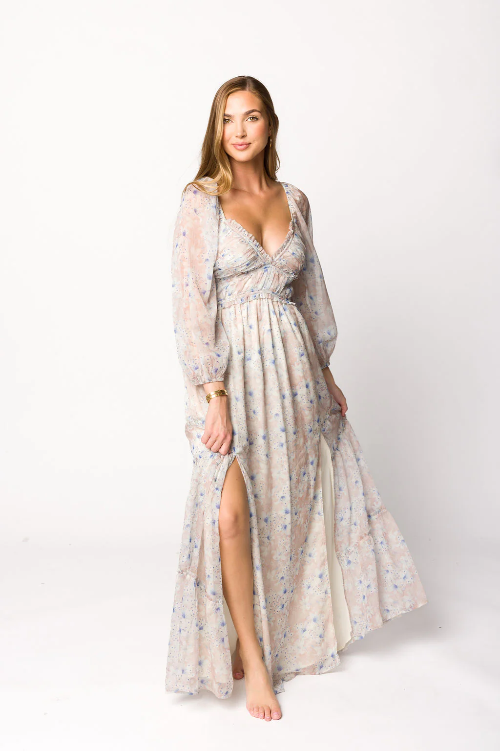Daphne Long Sleeve Maxi Dress in Beige/Blue Floral - Bump Friendly & Inclusive Sizing (XS-3XL) - Image 22