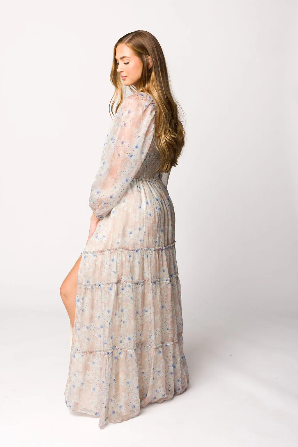 Daphne Long Sleeve Maxi Dress in Beige/Blue Floral - Bump Friendly & Inclusive Sizing (XS-3XL) - Image 23