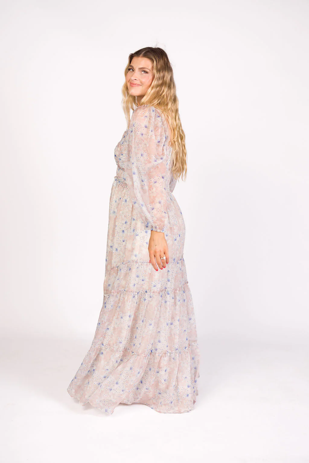 Daphne Long Sleeve Maxi Dress in Beige/Blue Floral - Bump Friendly & Inclusive Sizing (XS-3XL) - Image 25