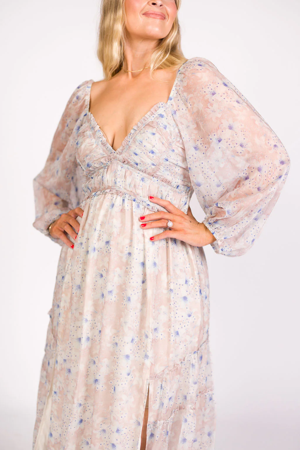 Daphne Long Sleeve Maxi Dress in Beige/Blue Floral - Bump Friendly & Inclusive Sizing (XS-3XL) - Image 26