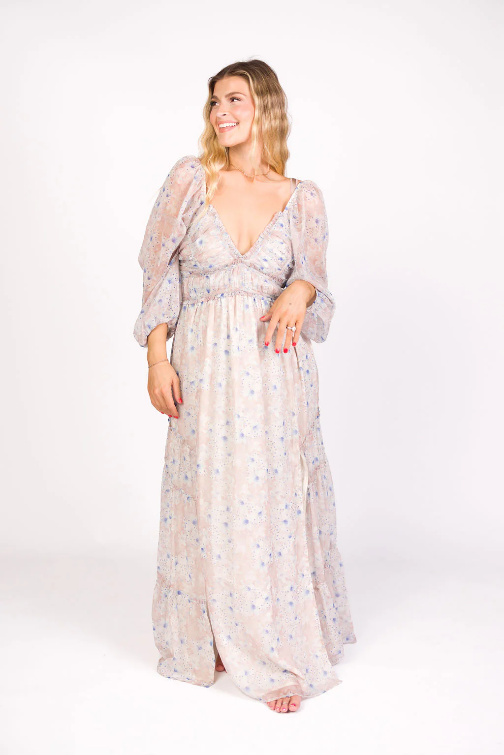 Daphne Long Sleeve Maxi Dress in Beige/Blue Floral - Bump Friendly & Inclusive Sizing (XS-3XL) - Image 27
