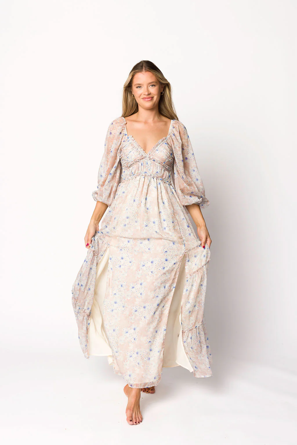 Daphne Long Sleeve Maxi Dress in Beige/Blue Floral - Bump Friendly & Inclusive Sizing (XS-3XL) - Image 28