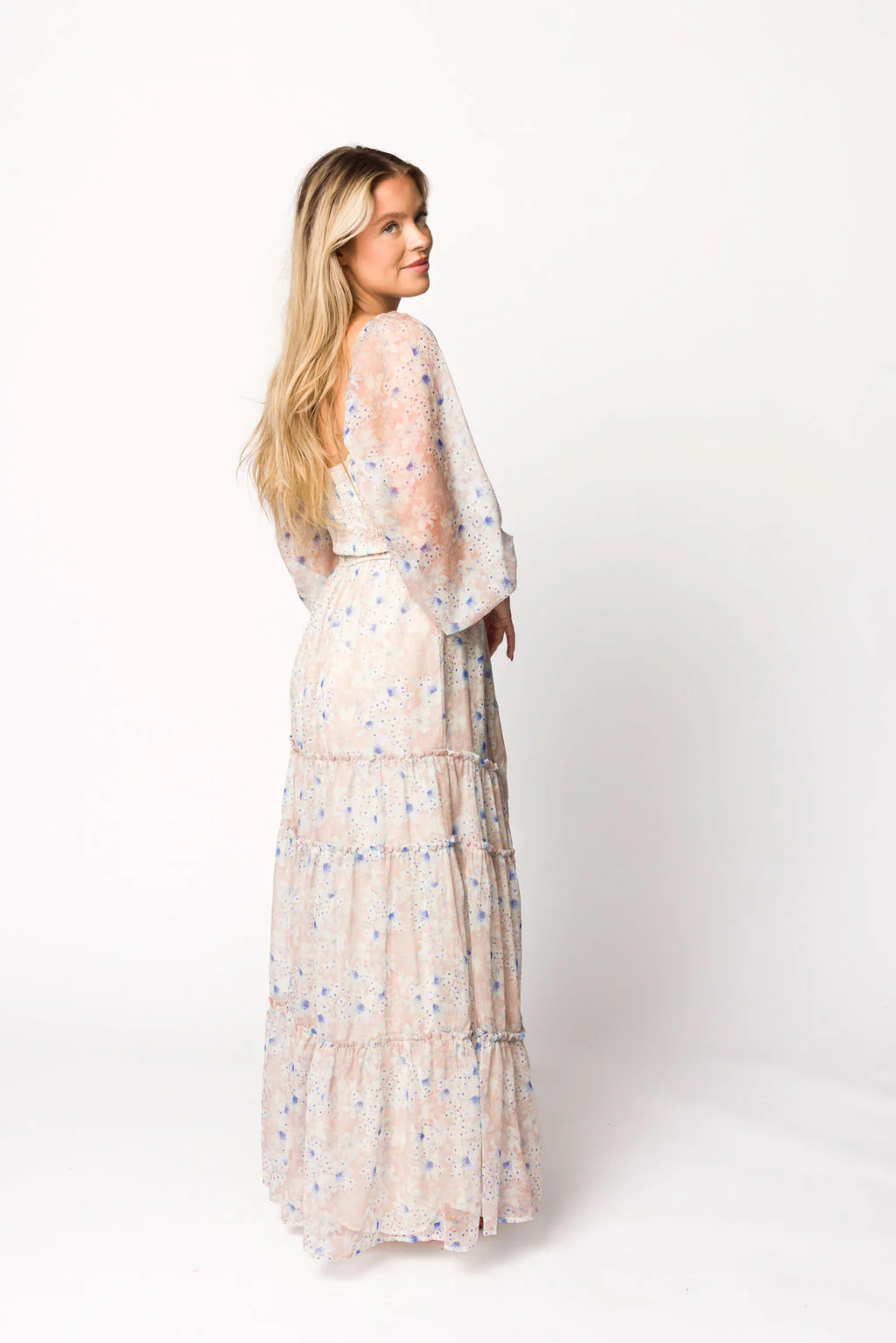 Daphne Long Sleeve Maxi Dress in Beige/Blue Floral - Bump Friendly & Inclusive Sizing (XS-3XL) - Image 29